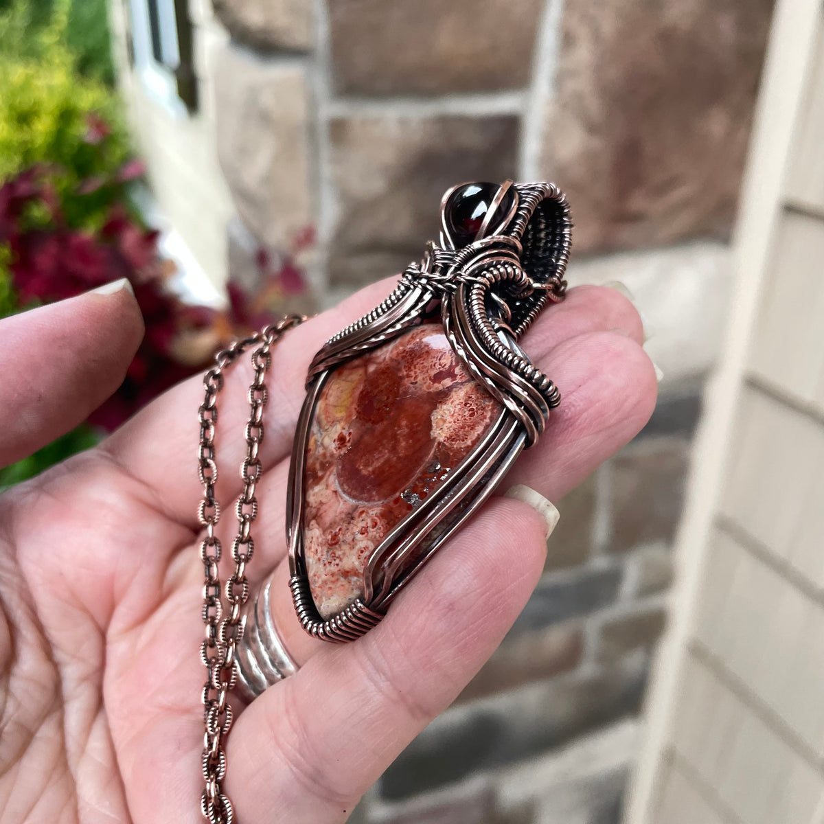 Wild Eye Jasper & Garnet Copper Pendant with Weaving