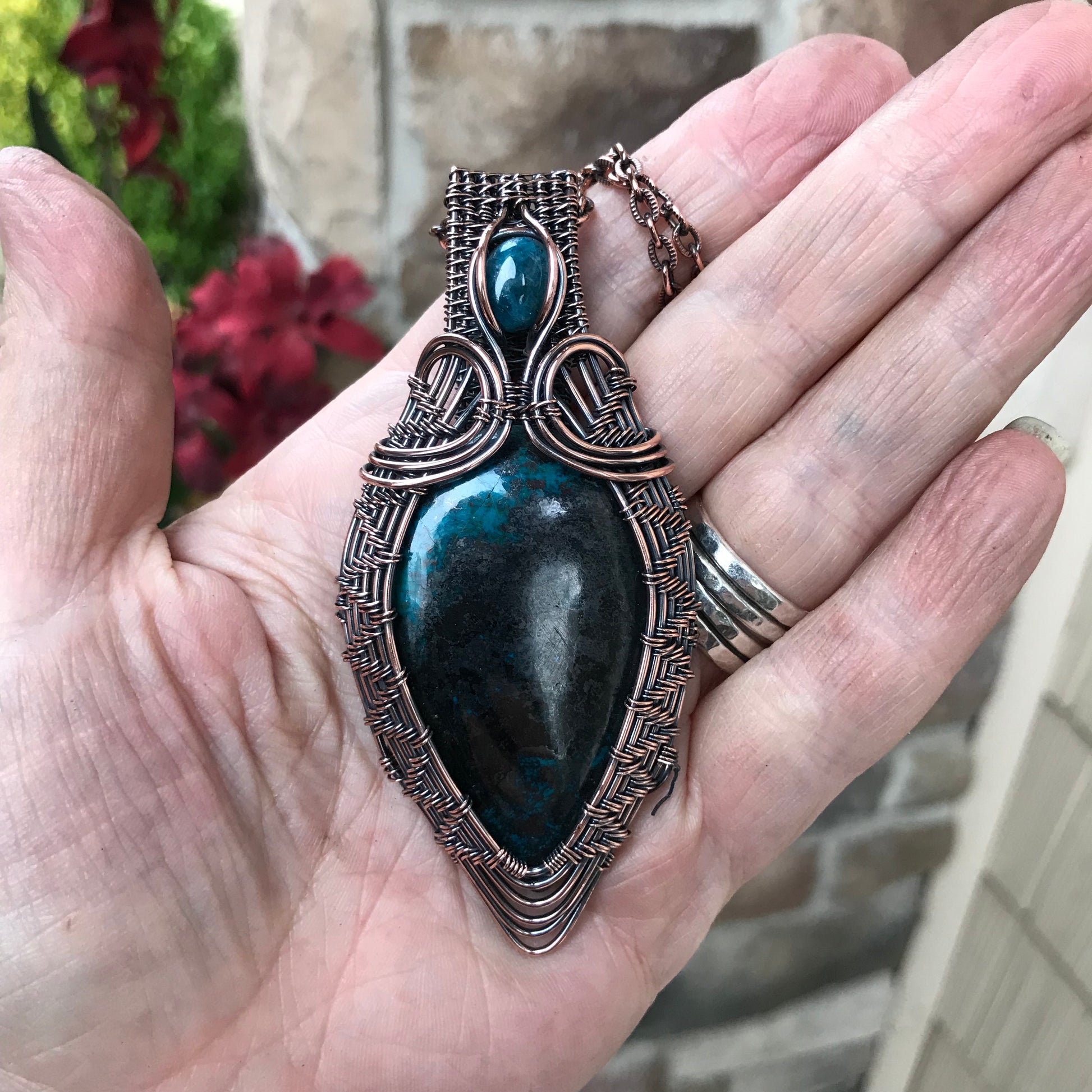 Shattuckite Tenorite with Apatite Woven Copper Pendant