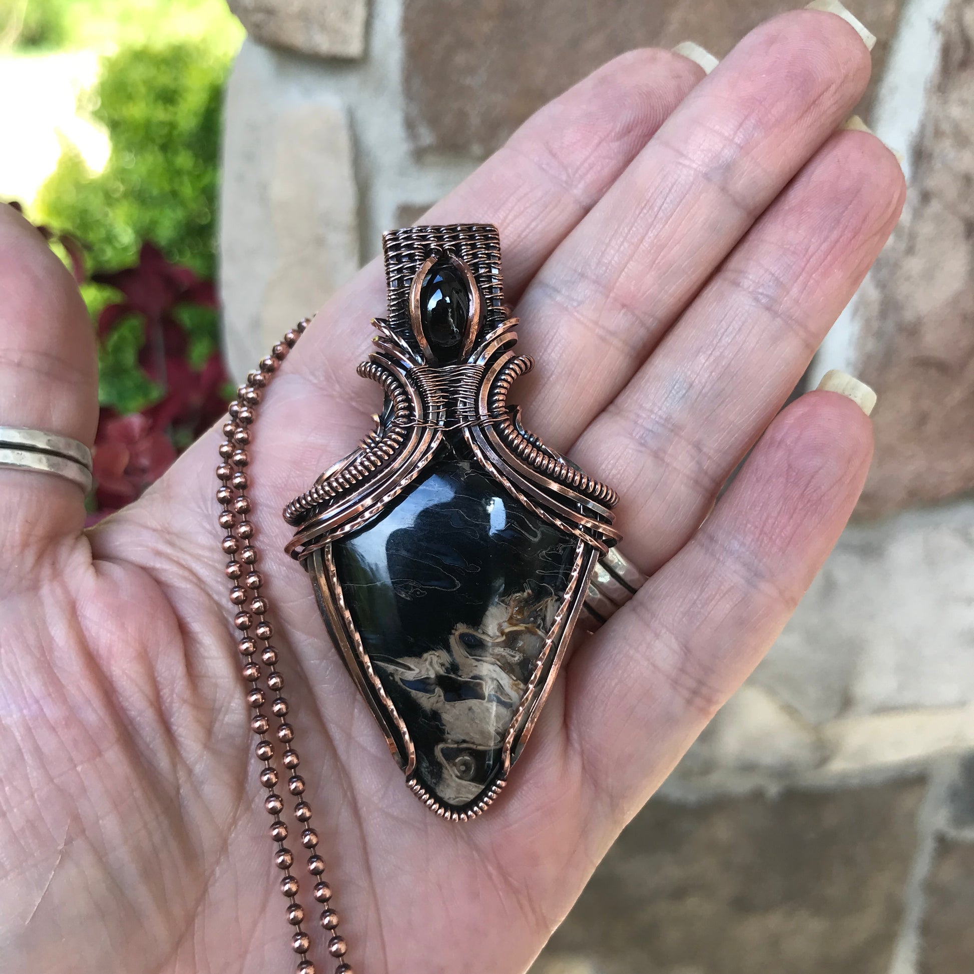 Petrified Palm Wood & Garnet Copper Pendant with Weaving