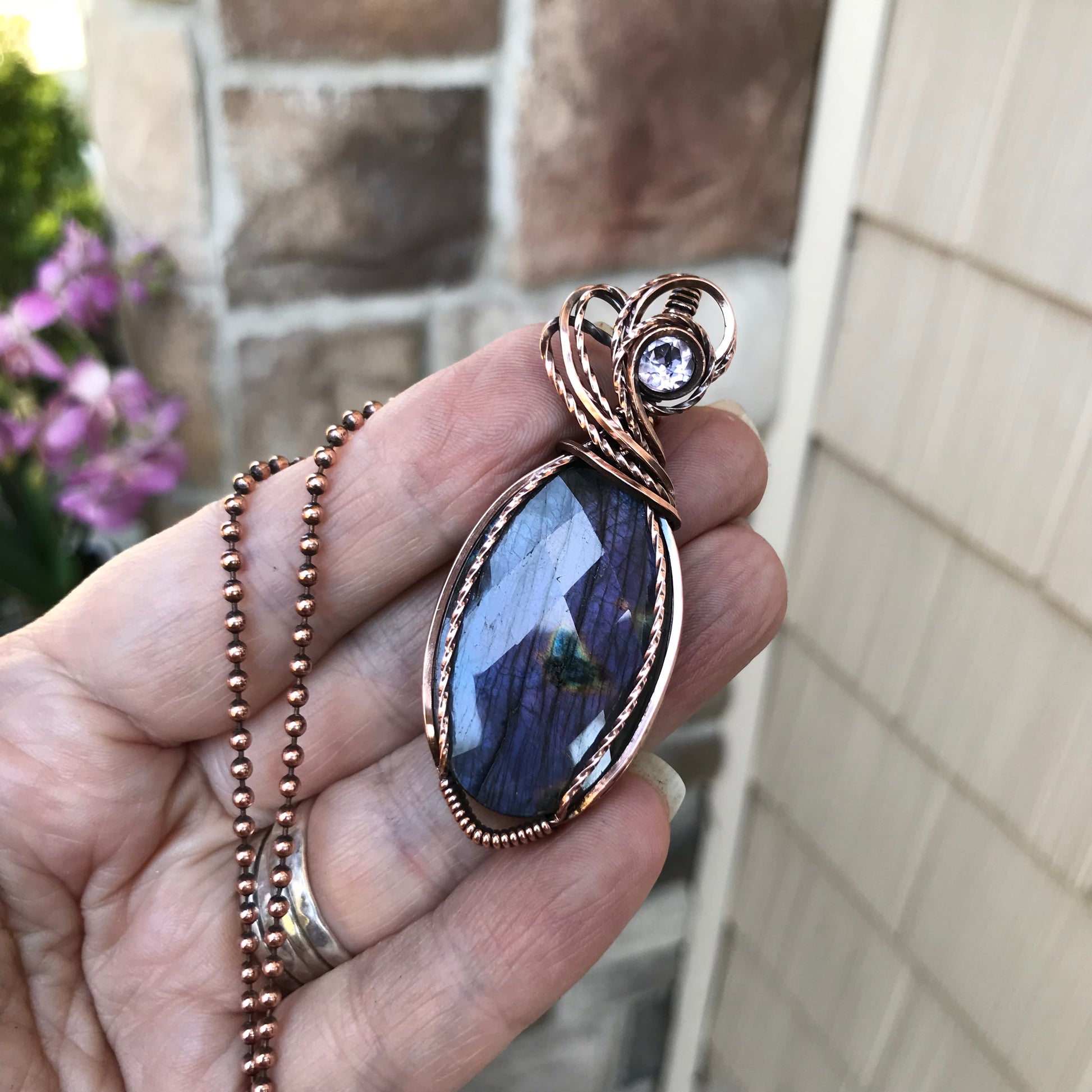 Faceted Purple Oval Labradorite & Pink Amethyst Copper Pendant