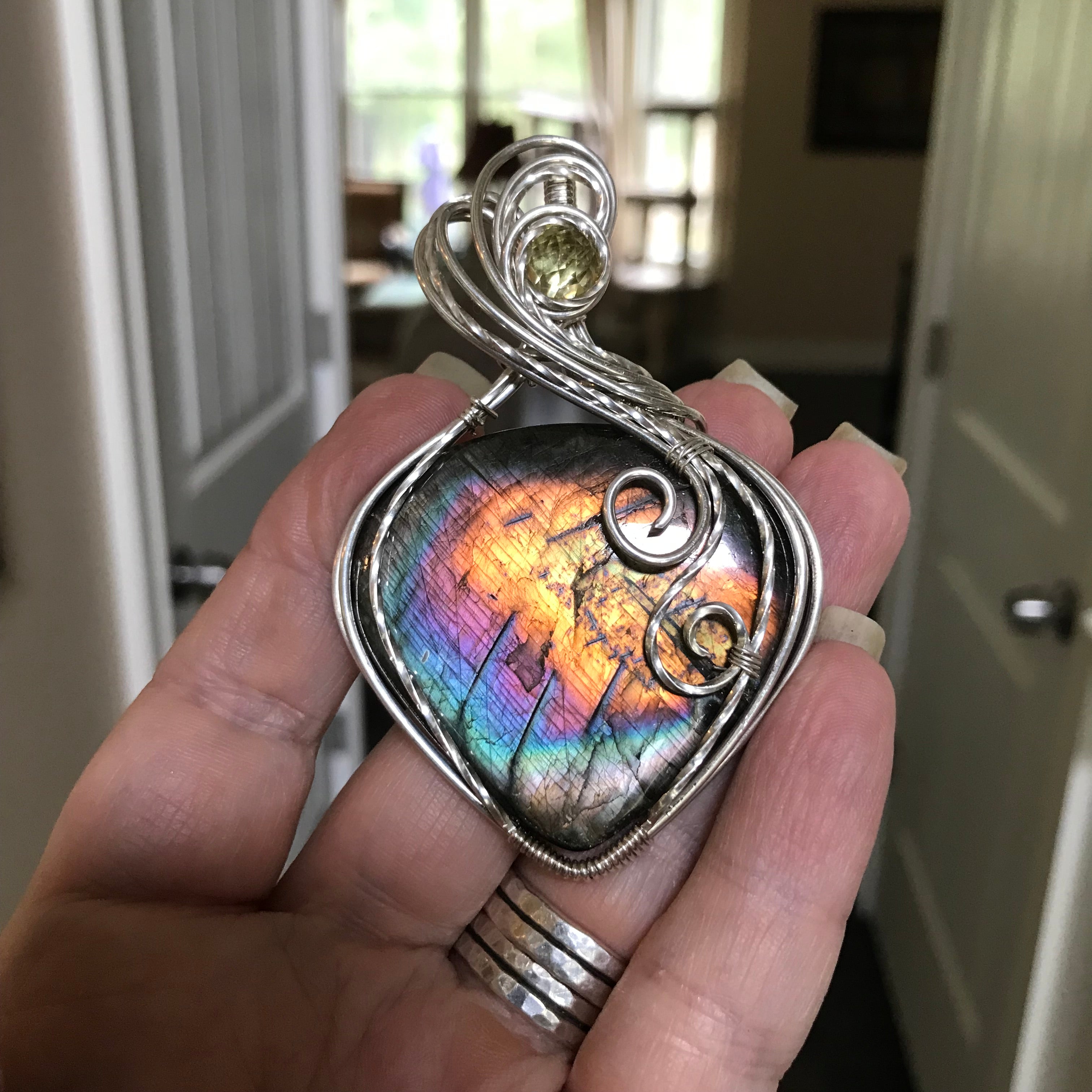 Rainbow Labradorite & Lemon Quartz Silver Pendant