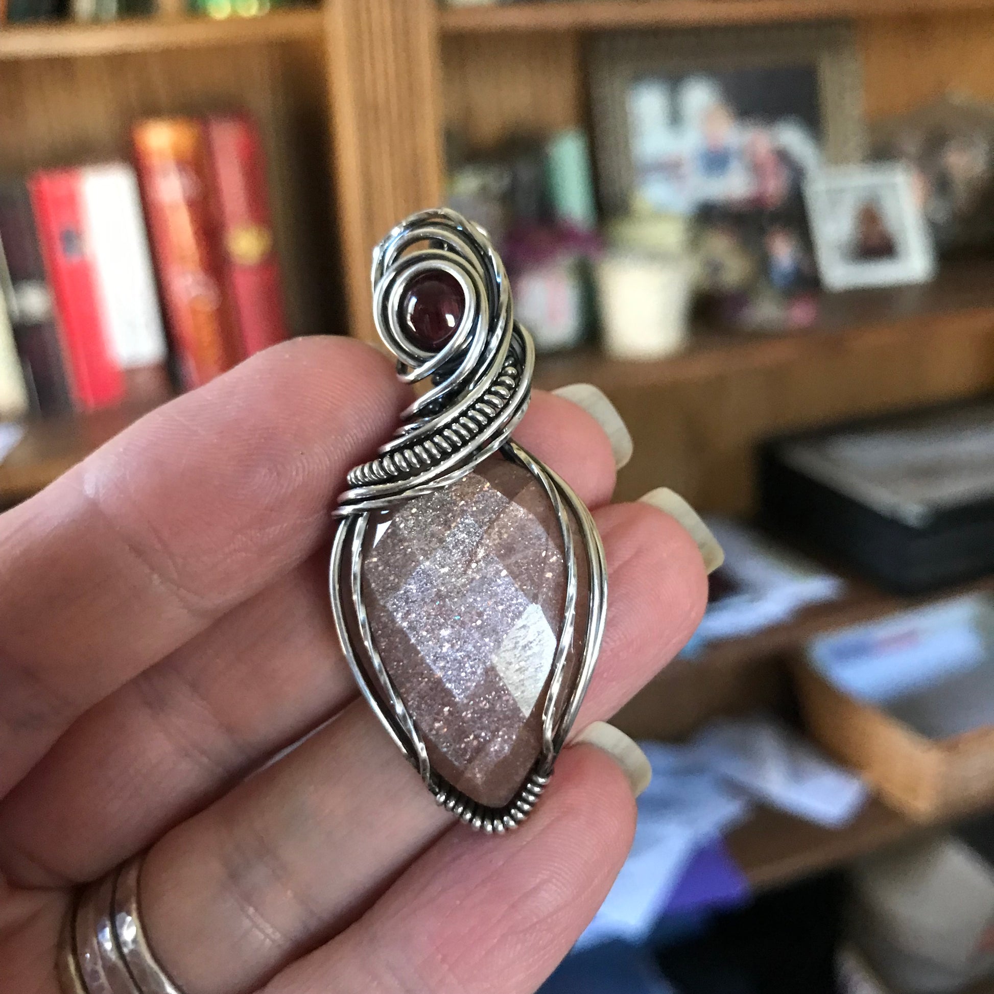 Peach Moonstone & Garnet Silver Necklace