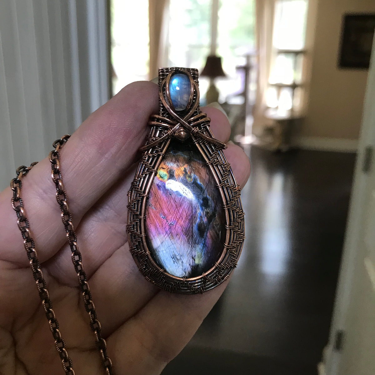 Maroon Blue Labradorite & Moonstone Oval Copper Necklace with Weaving