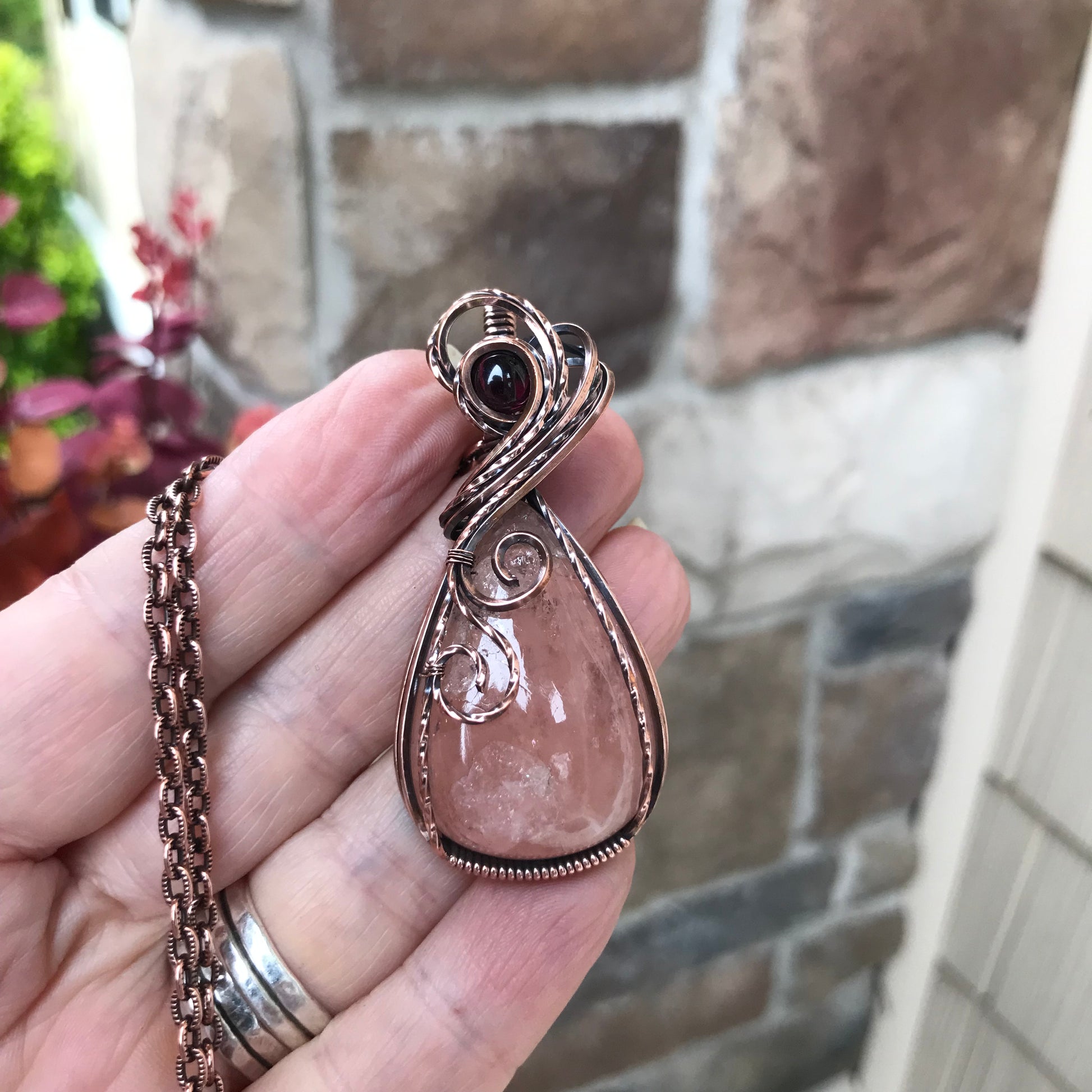 Morganite & Garnet Copper Swirly Necklace
