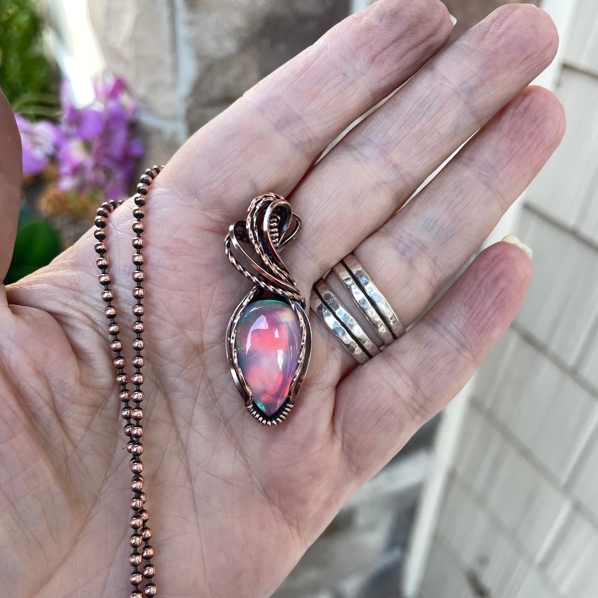 Aurora Opal Pink Orange Copper Necklace