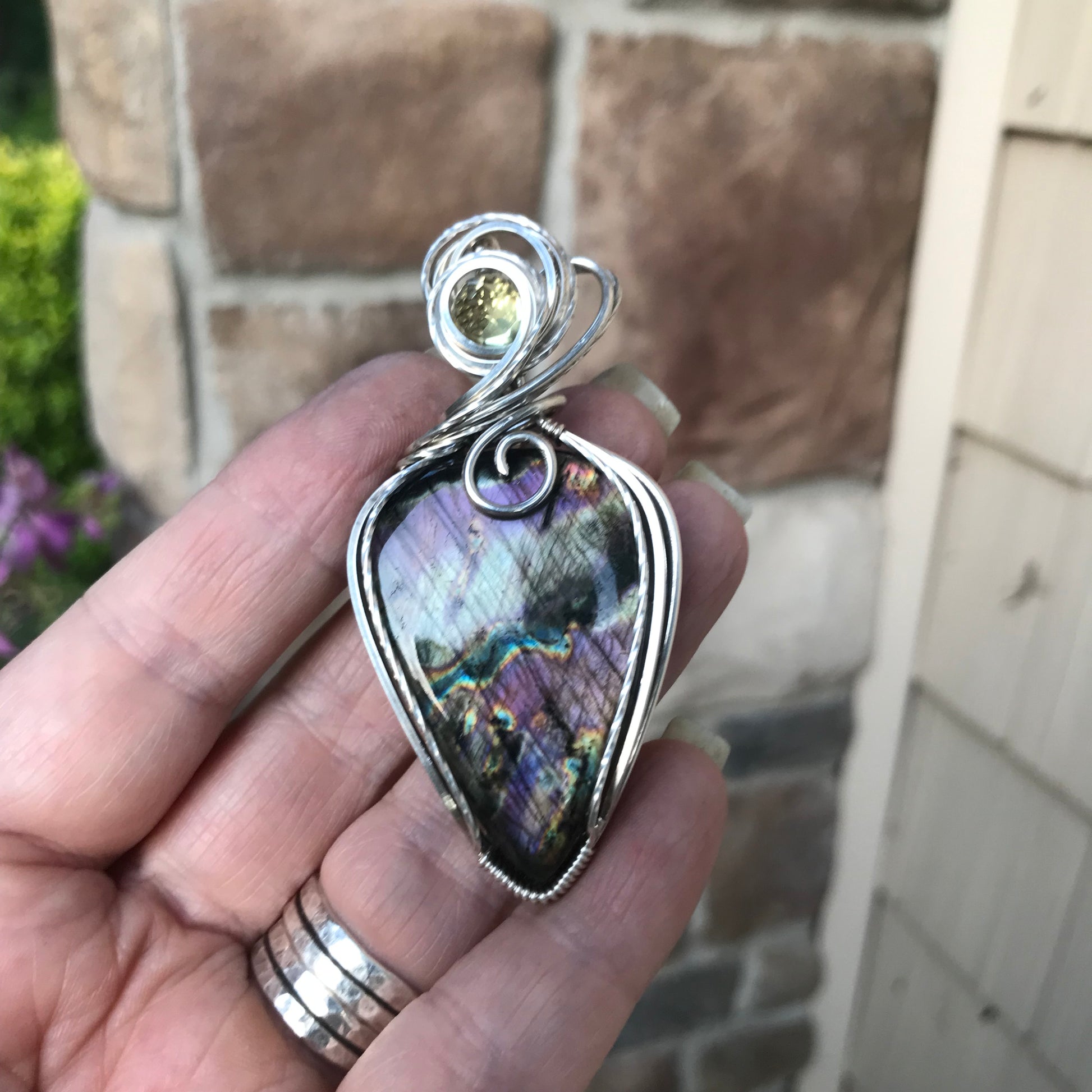 Reserved - Purple Labradorite & Lemon Quartz  Silver Pendant
