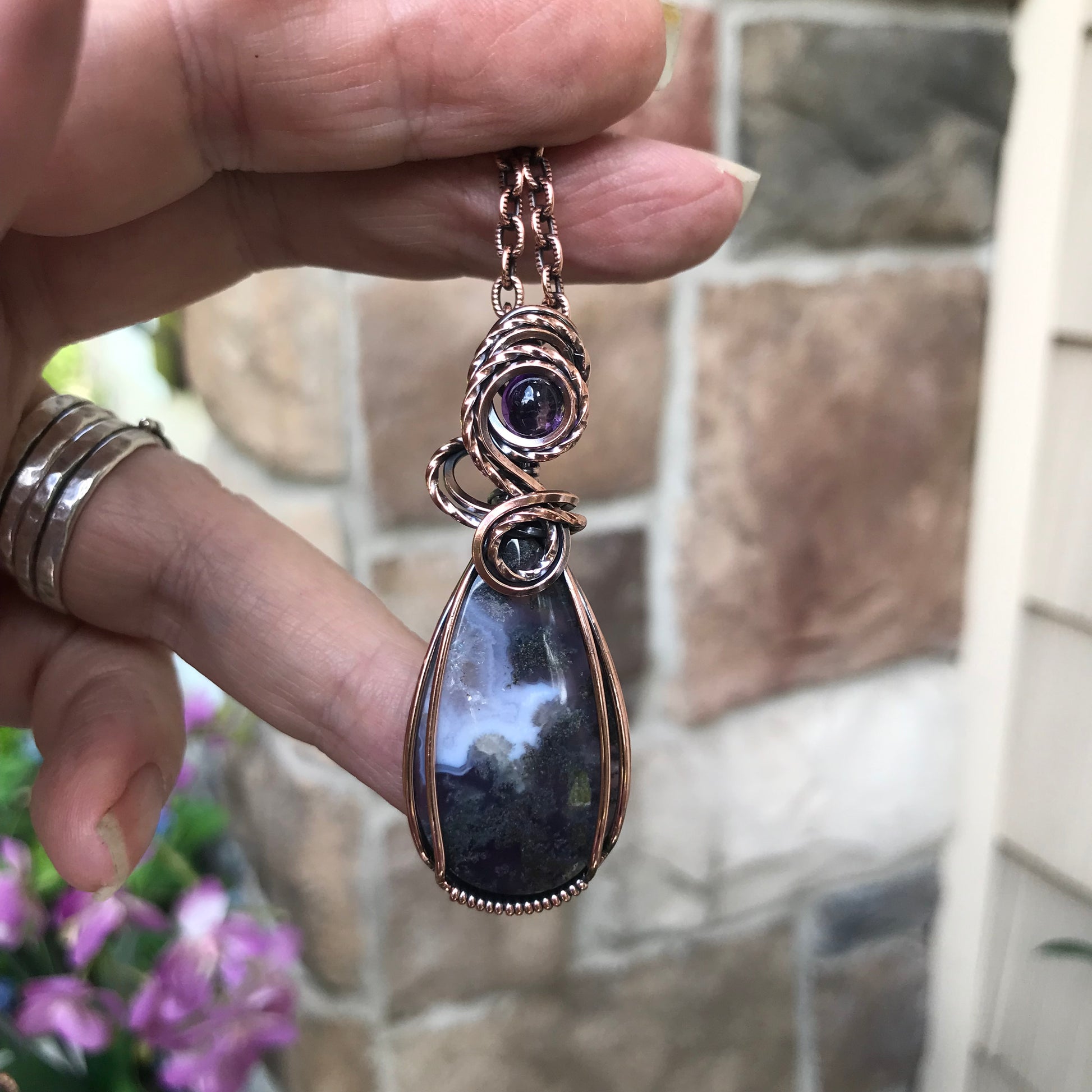 Purple Chalcedony Moss Agate and Amethyst Copper Pendant