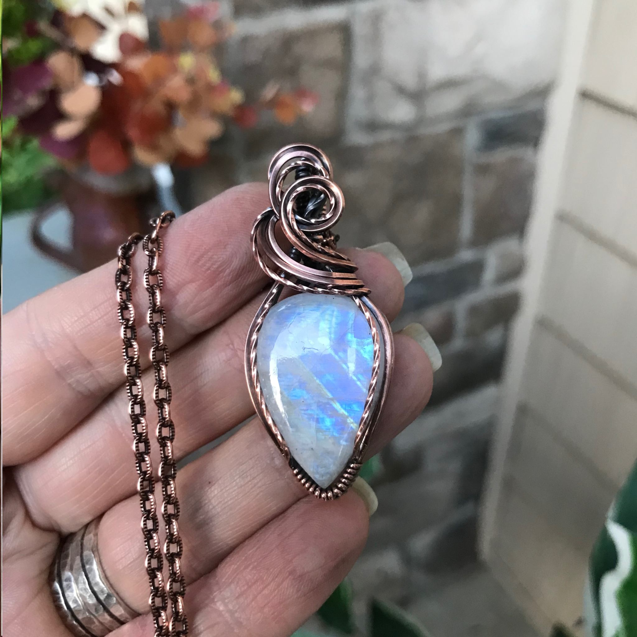 Rainbow Moonstone Copper Pendant