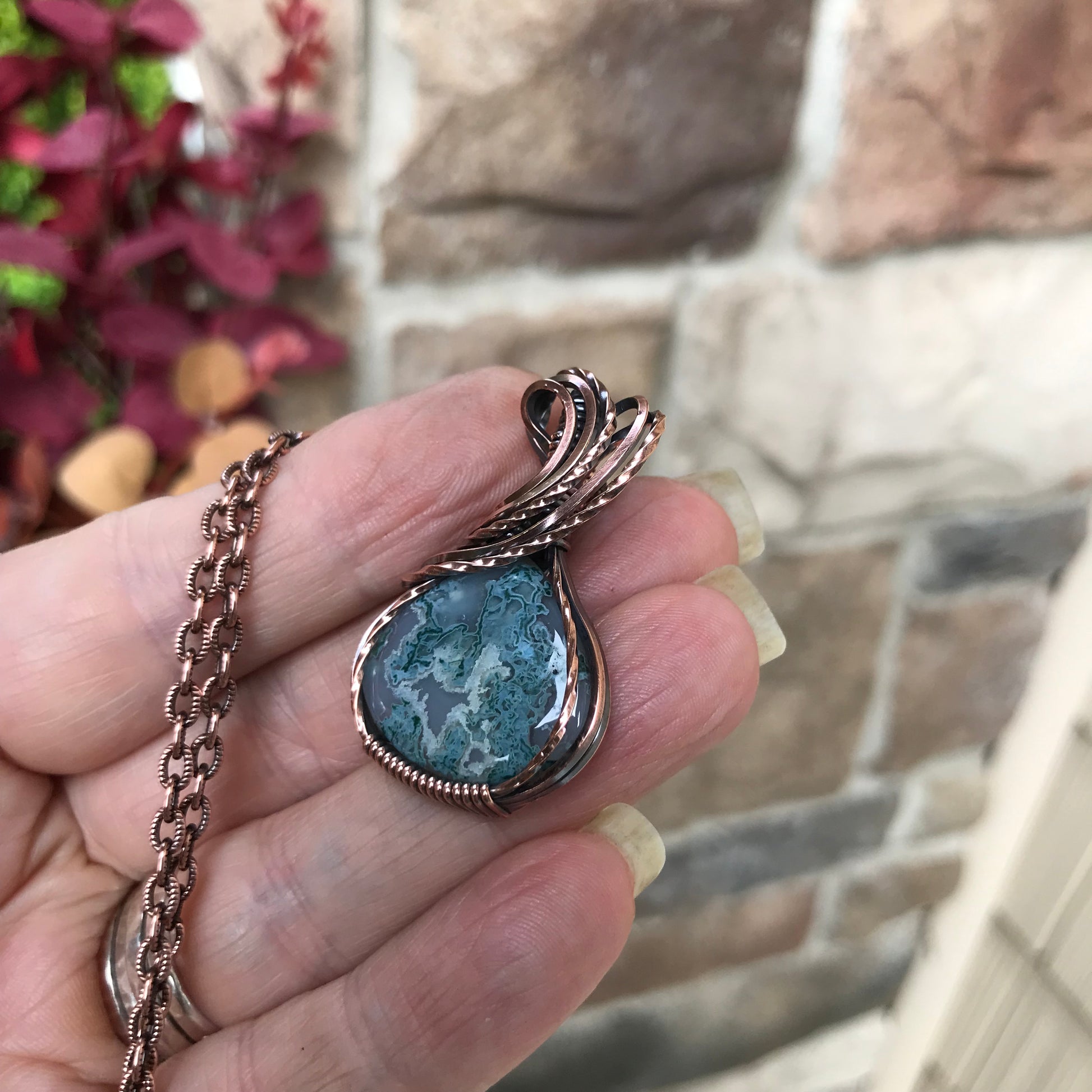 Moss Agate Teardrop Copper Necklace