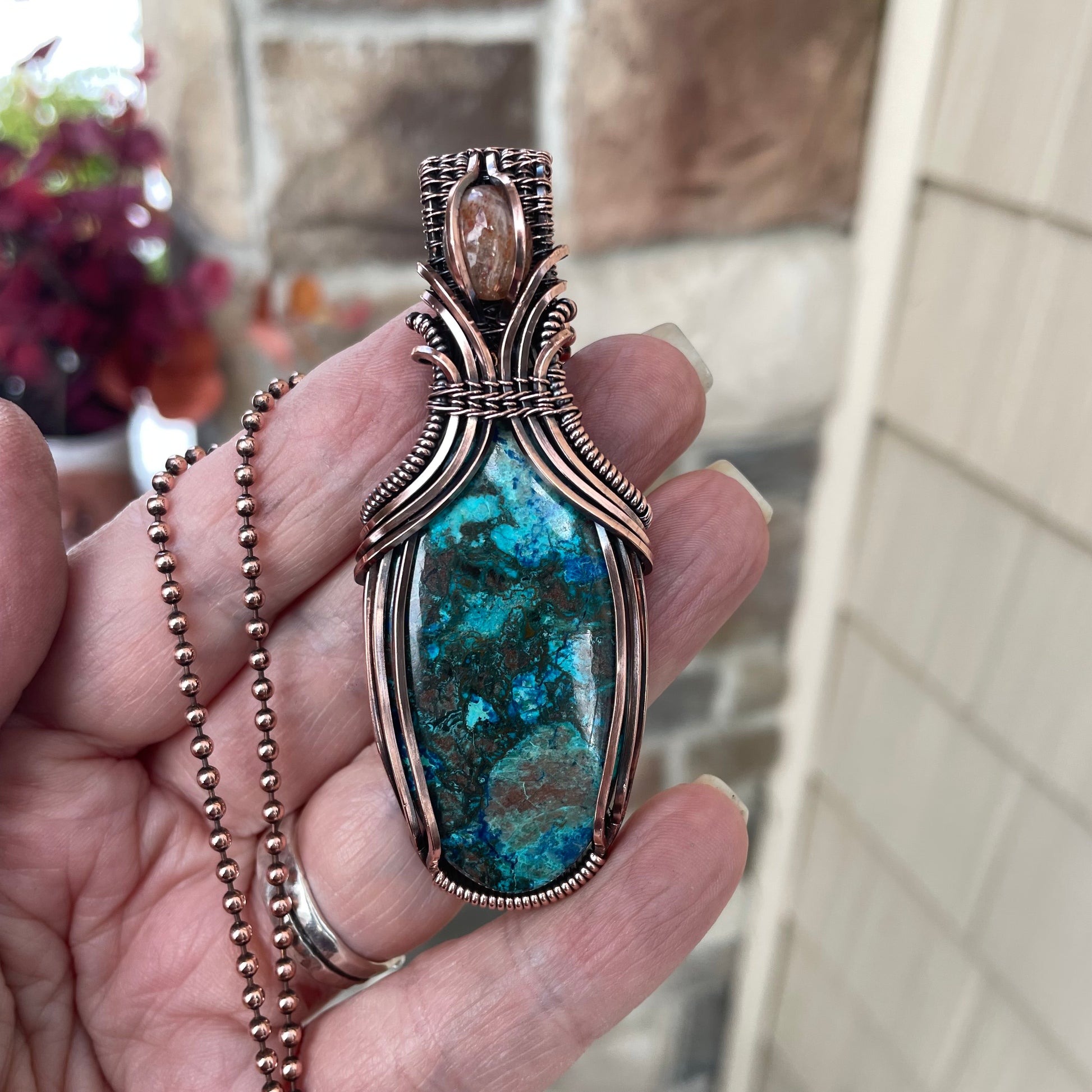Shattuckite & Sunstone Oval Pendant with Weaving