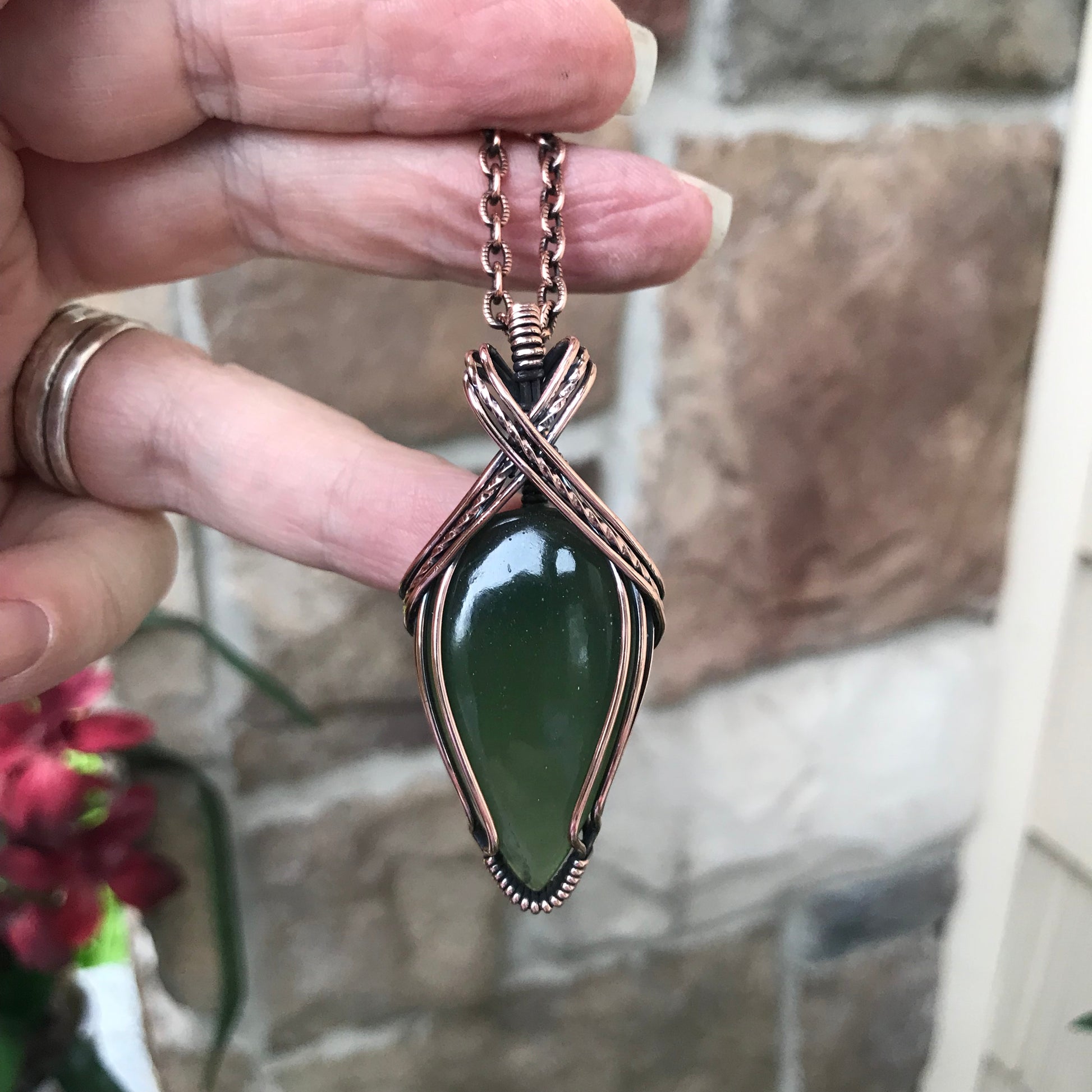 Green Serpentine Teardrop  Copper Pendant