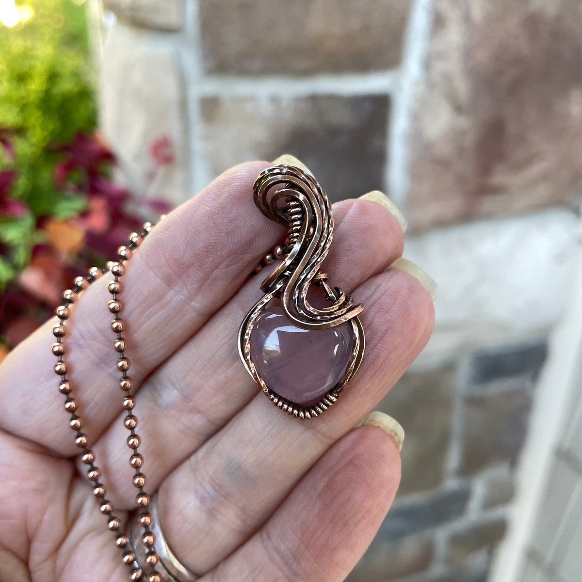 Rose Quartz Small Copper Heart Necklace