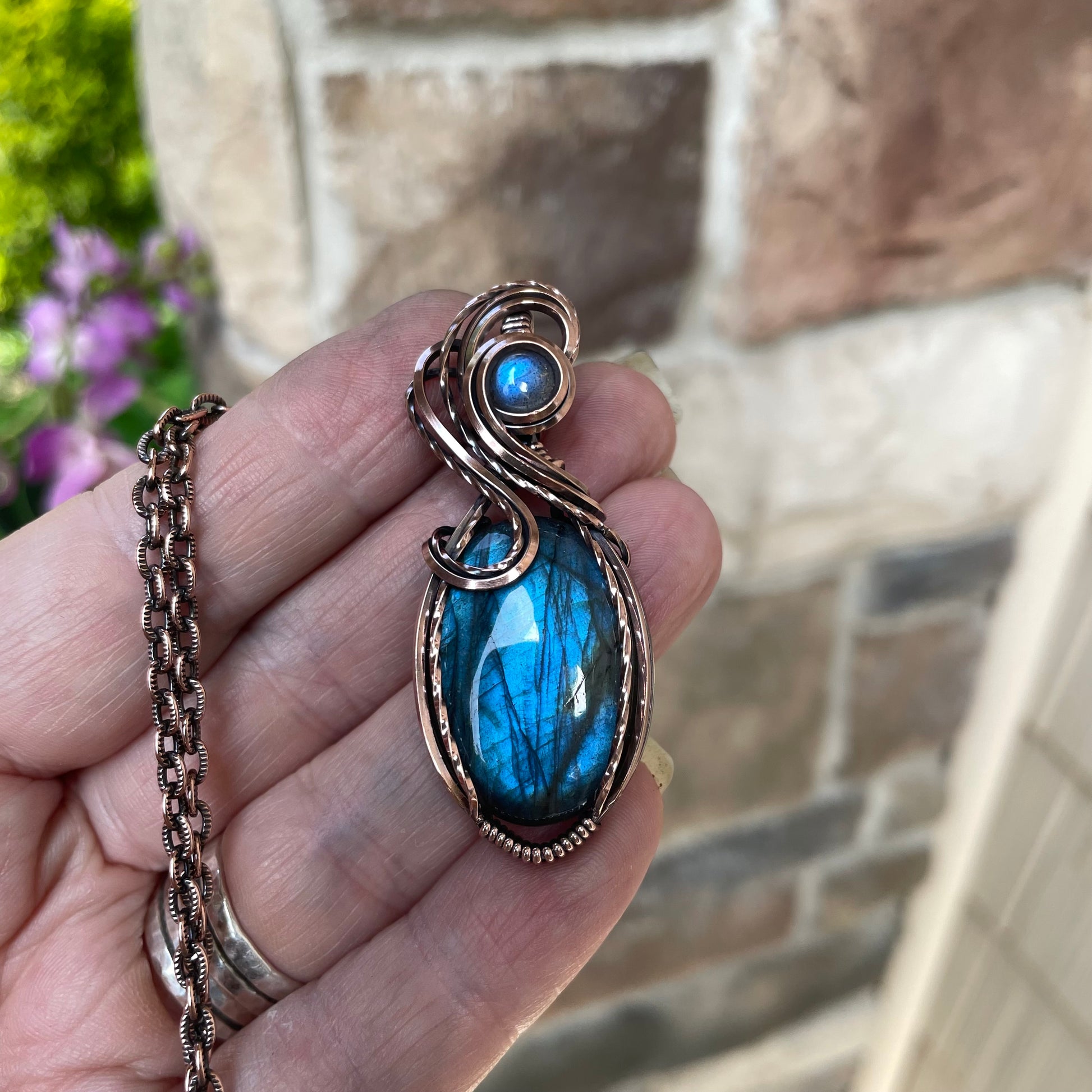 Blue Labradorite Swirly Copper Pendant
