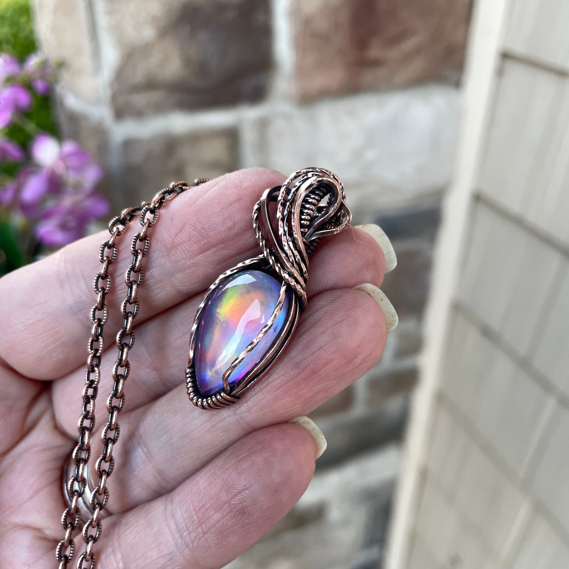 Aurora Opal Teardrop Copper Necklace