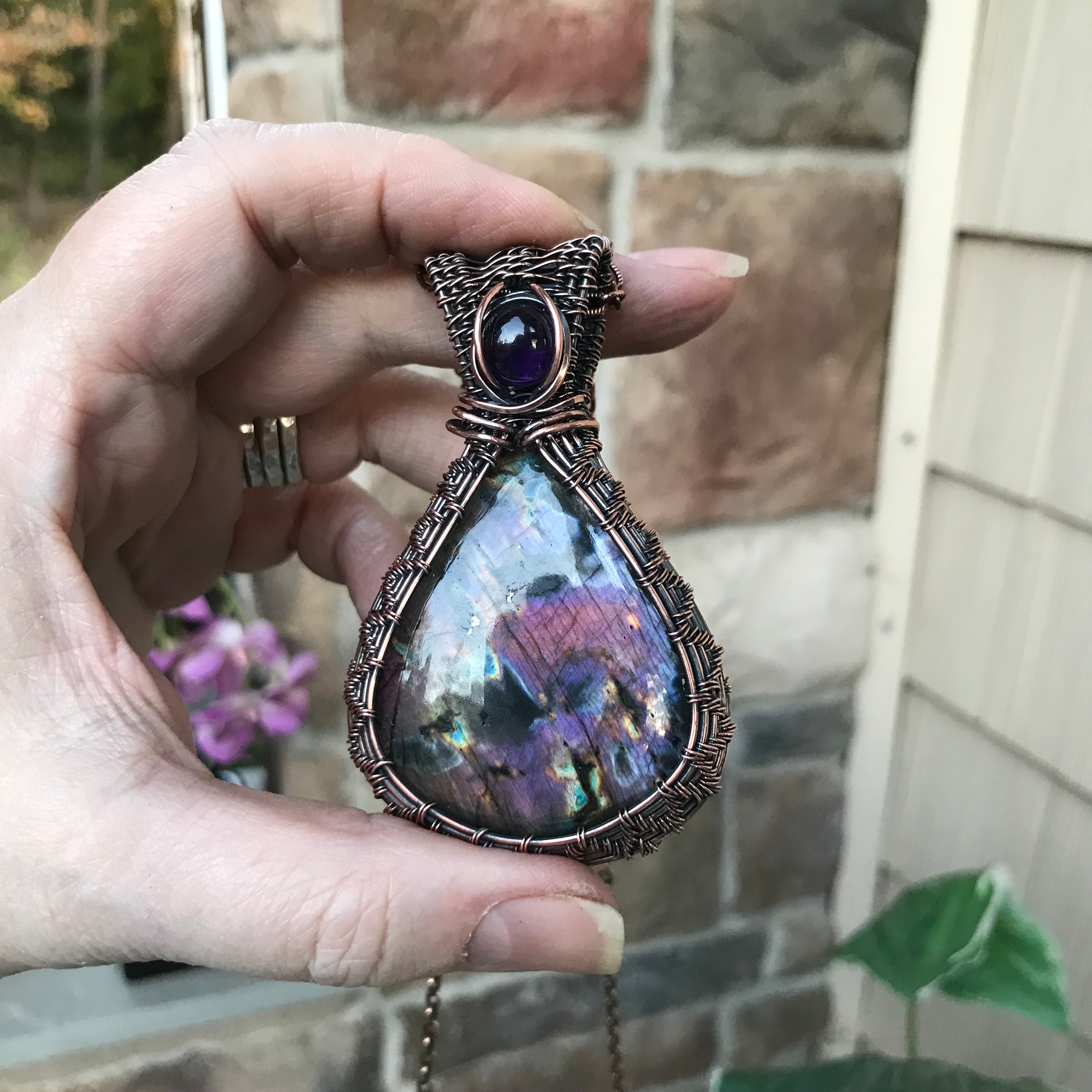 Purple Pink Labradorite & Amethyst Copper Woven Pendant