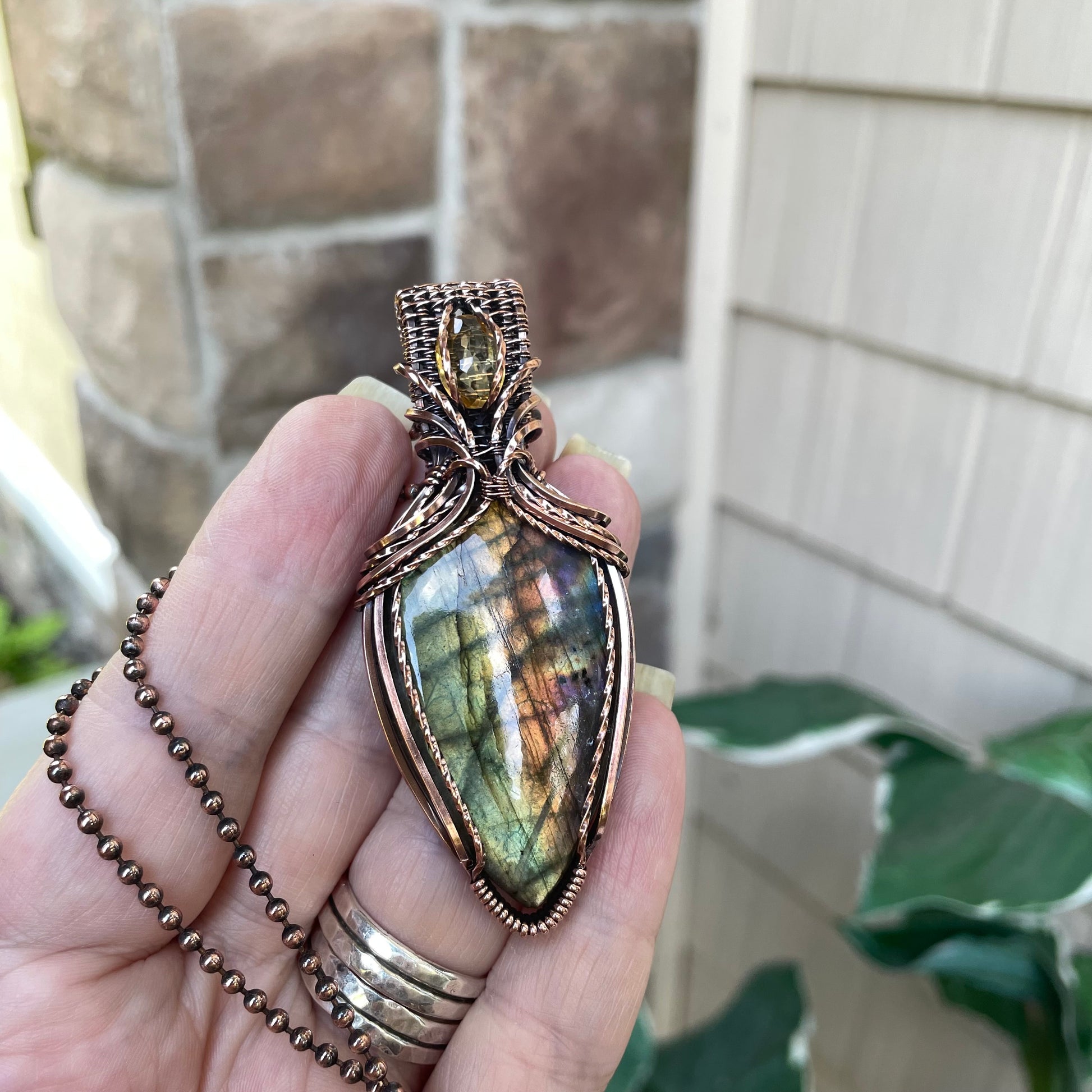 Green Yellow Orange Labradorite & Citrine Copper Necklace with Woven Bail