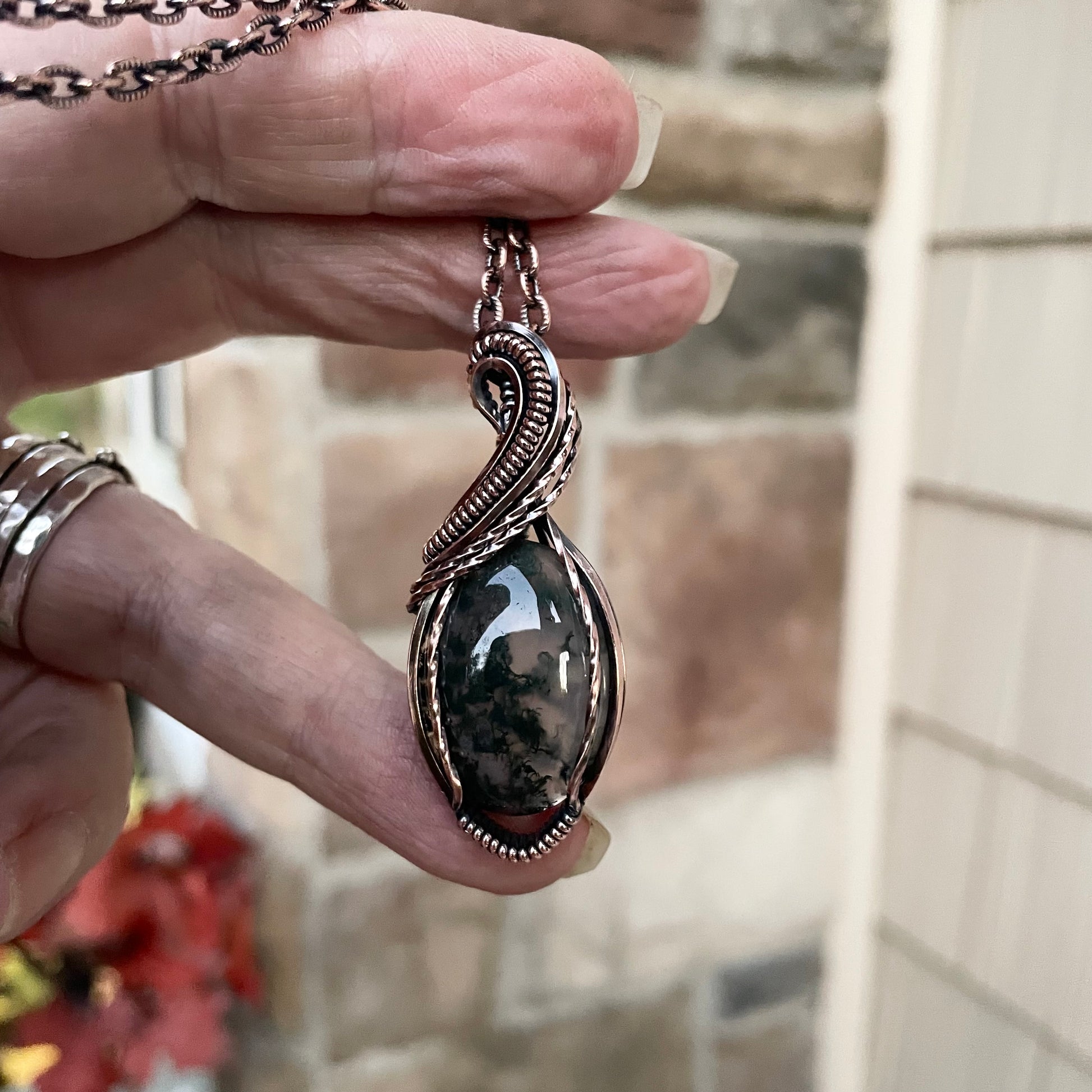 Moss Agate Oval Copper Pendant