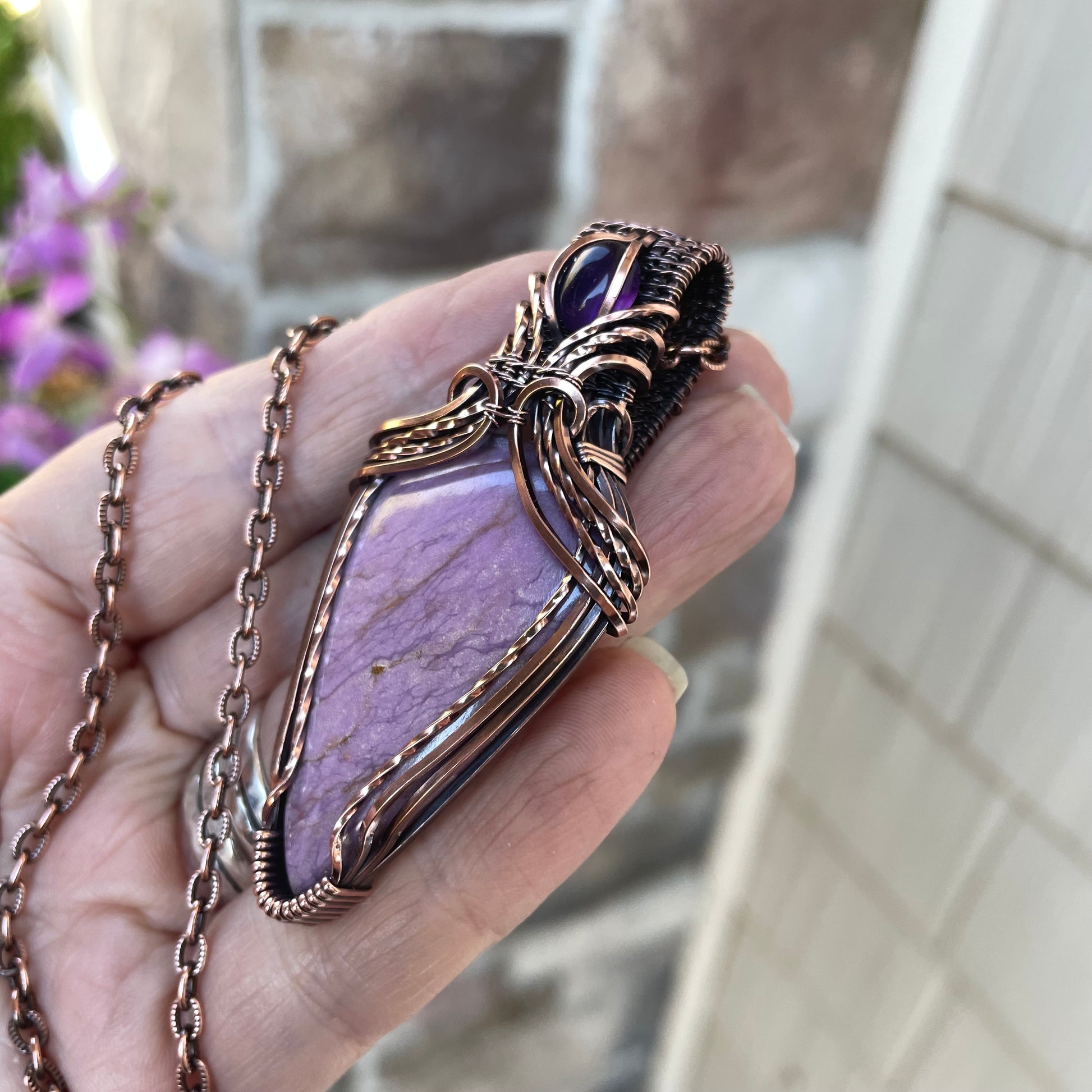 Phosphosiderite & Amethyst Copper Pendant with Weaving