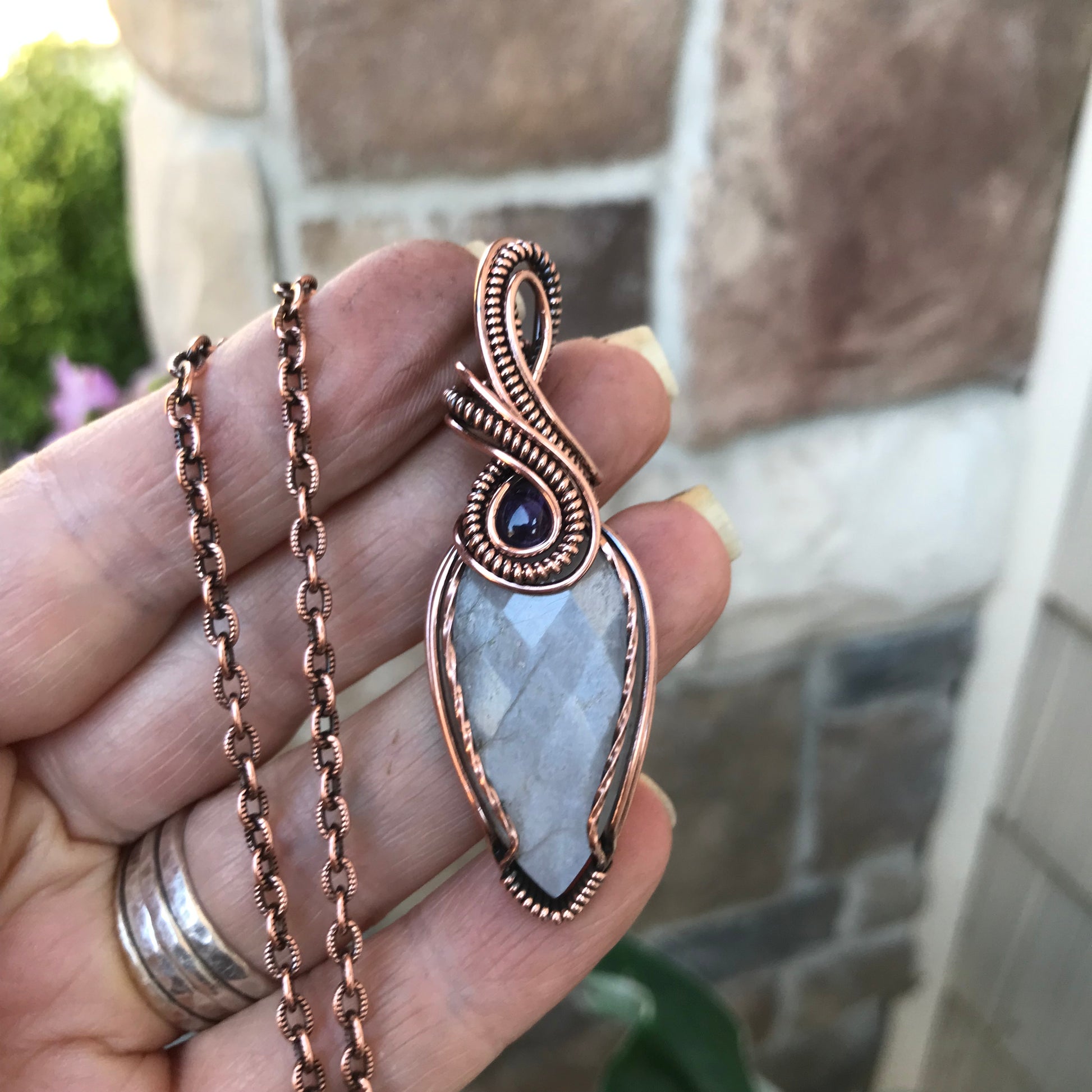 Gray Faceted Moonstone & Amethyst Copper Pendant