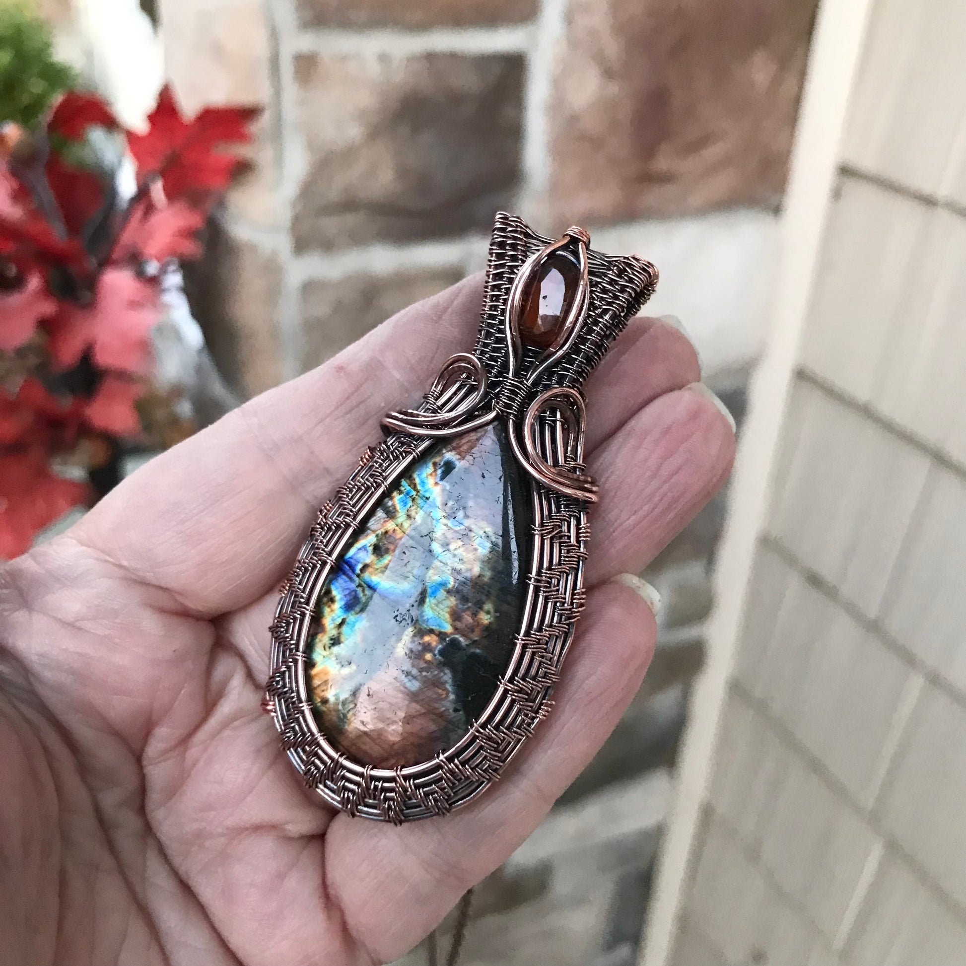 Amber Blue Labradorite & Hessonite Garnet Woven Copper Pendant