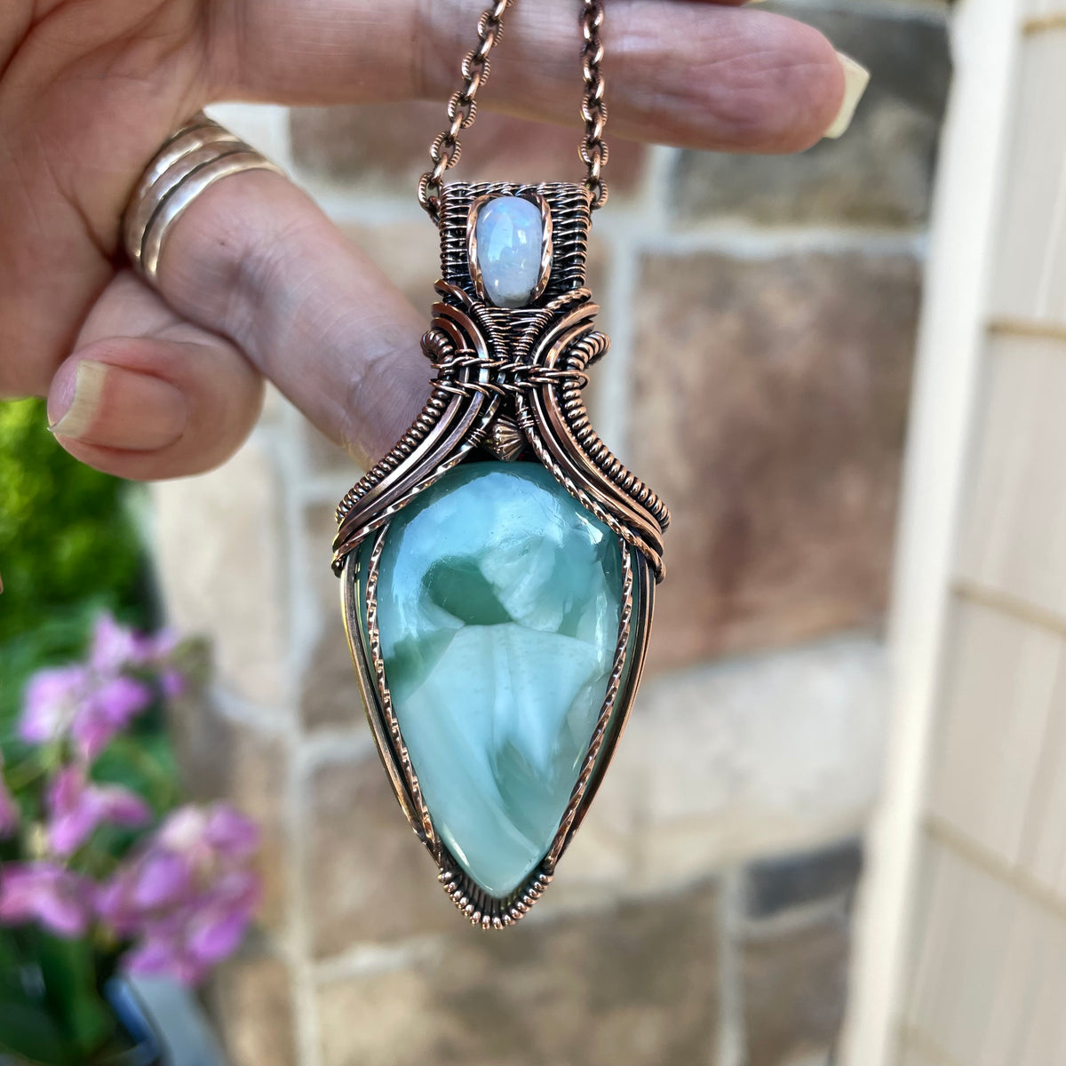Larimar & Moonstone Copper Pendant with Weaving