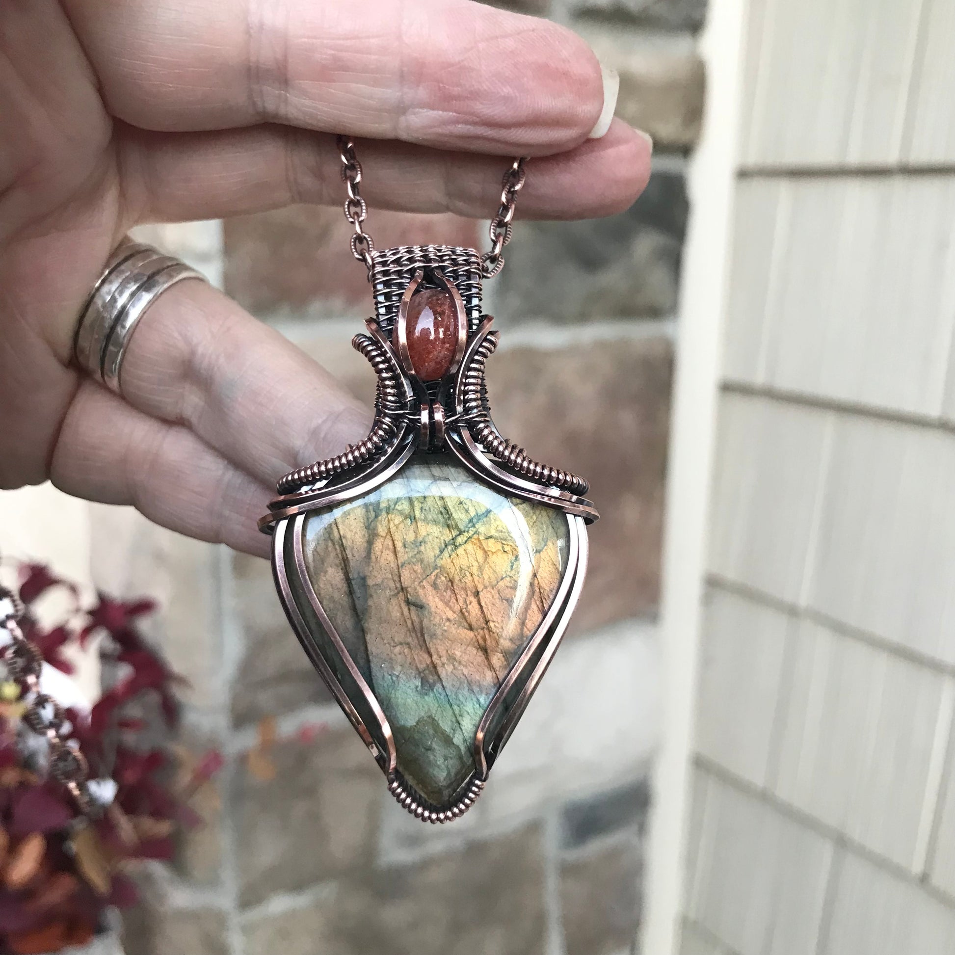 Amber Yellow Labradorite & Citrine Copper Pendant