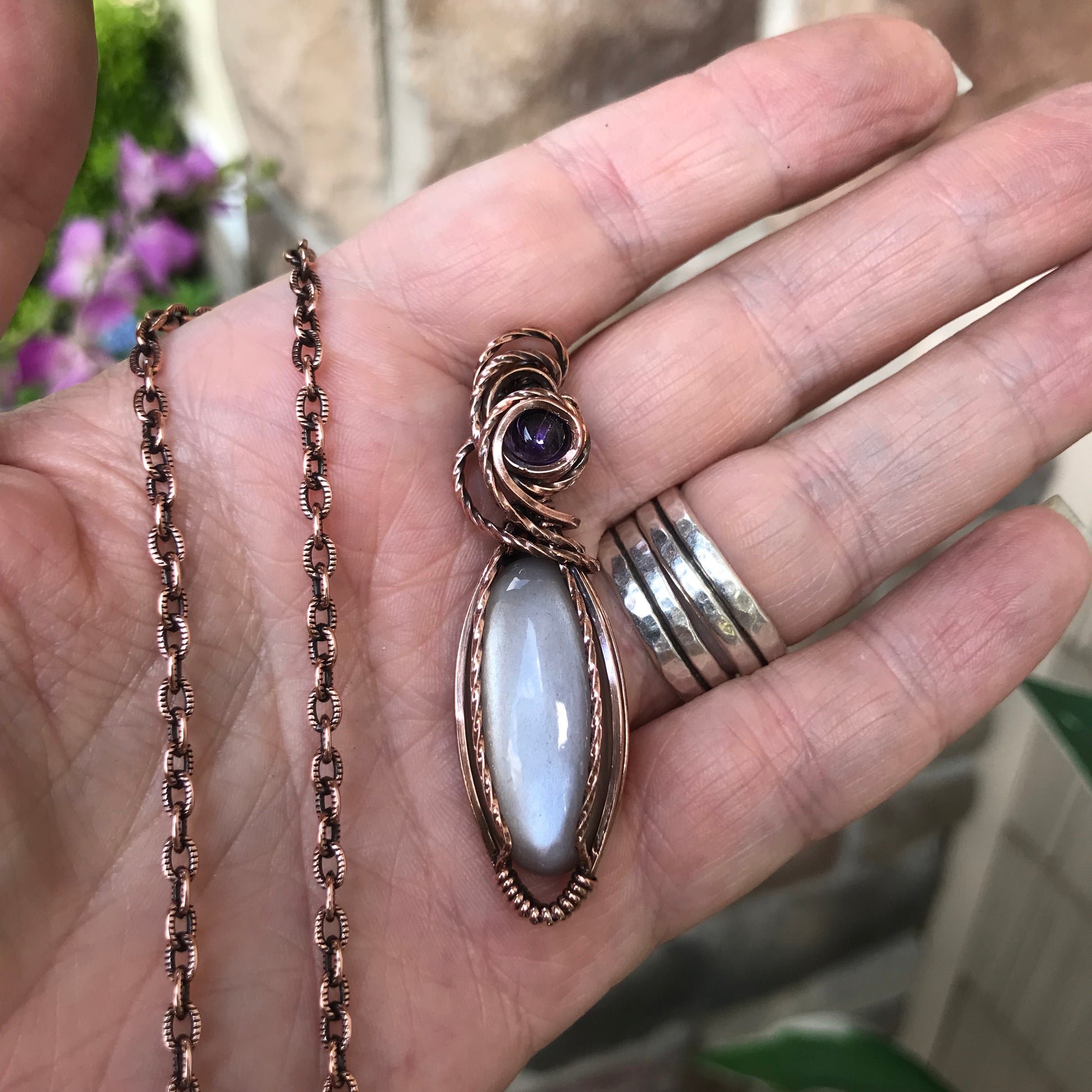 Gray Moonstone & Amethyst Slender Oval Copper Necklace