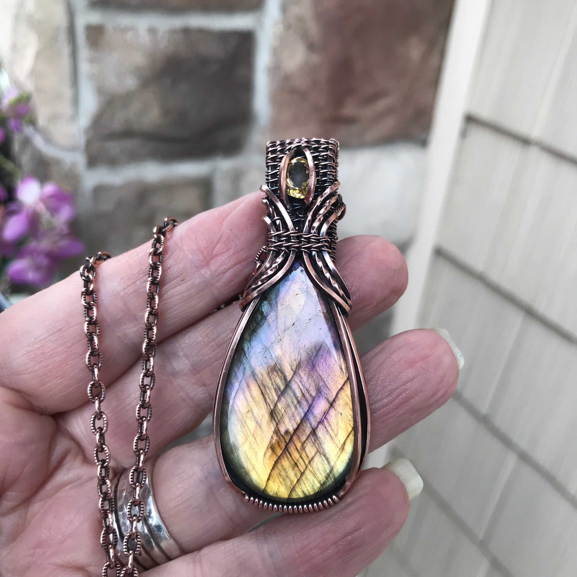 Yellow Lavender Labradorite & Citrine Copper Pendant