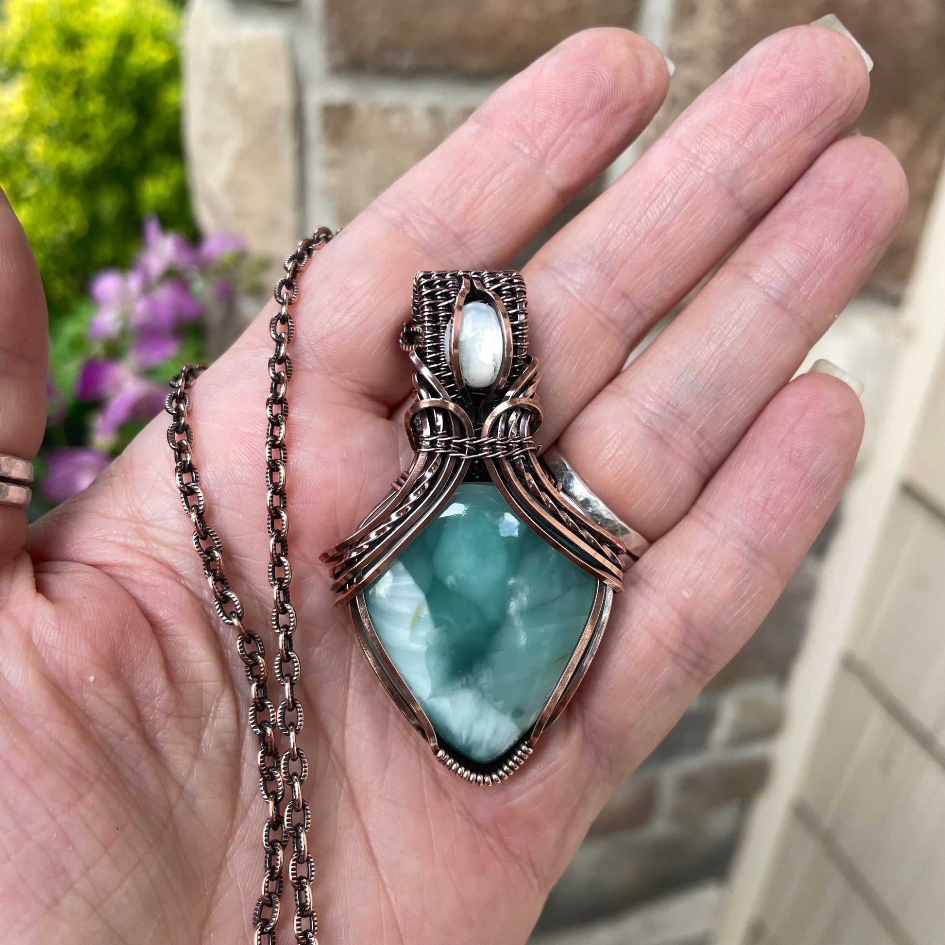 Hemimorphite & Mother of Pearl Copper Pendant with Woven Bail
