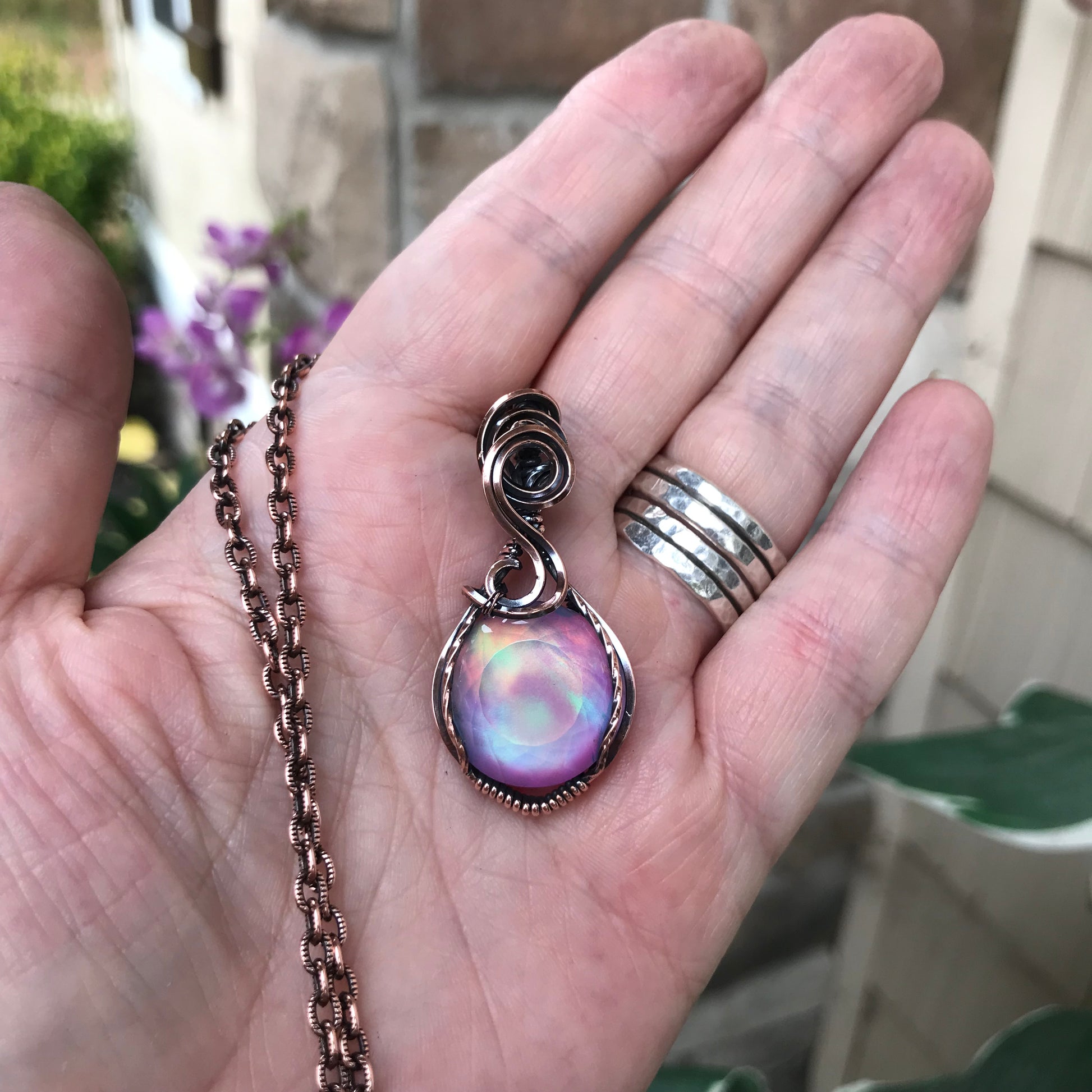 Aurora Opal Pastel Rainbow Round Copper Necklace