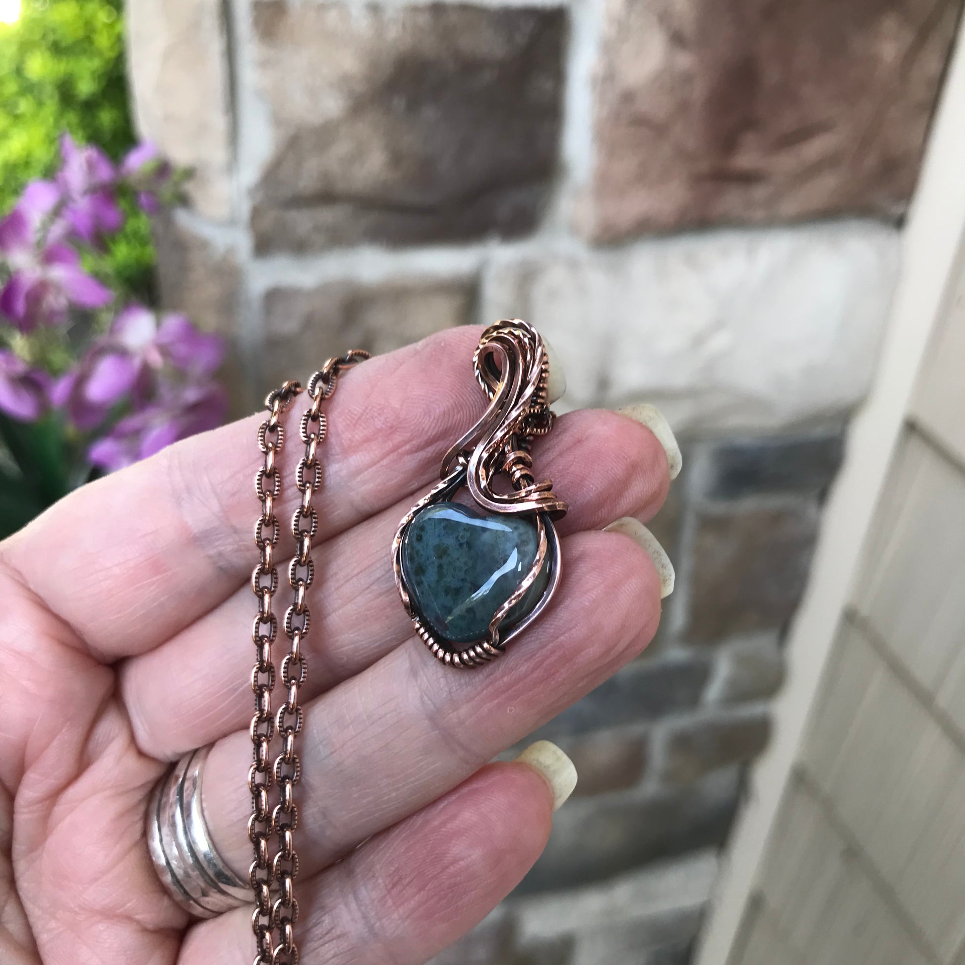 Moss Agate Heart Copper Necklace