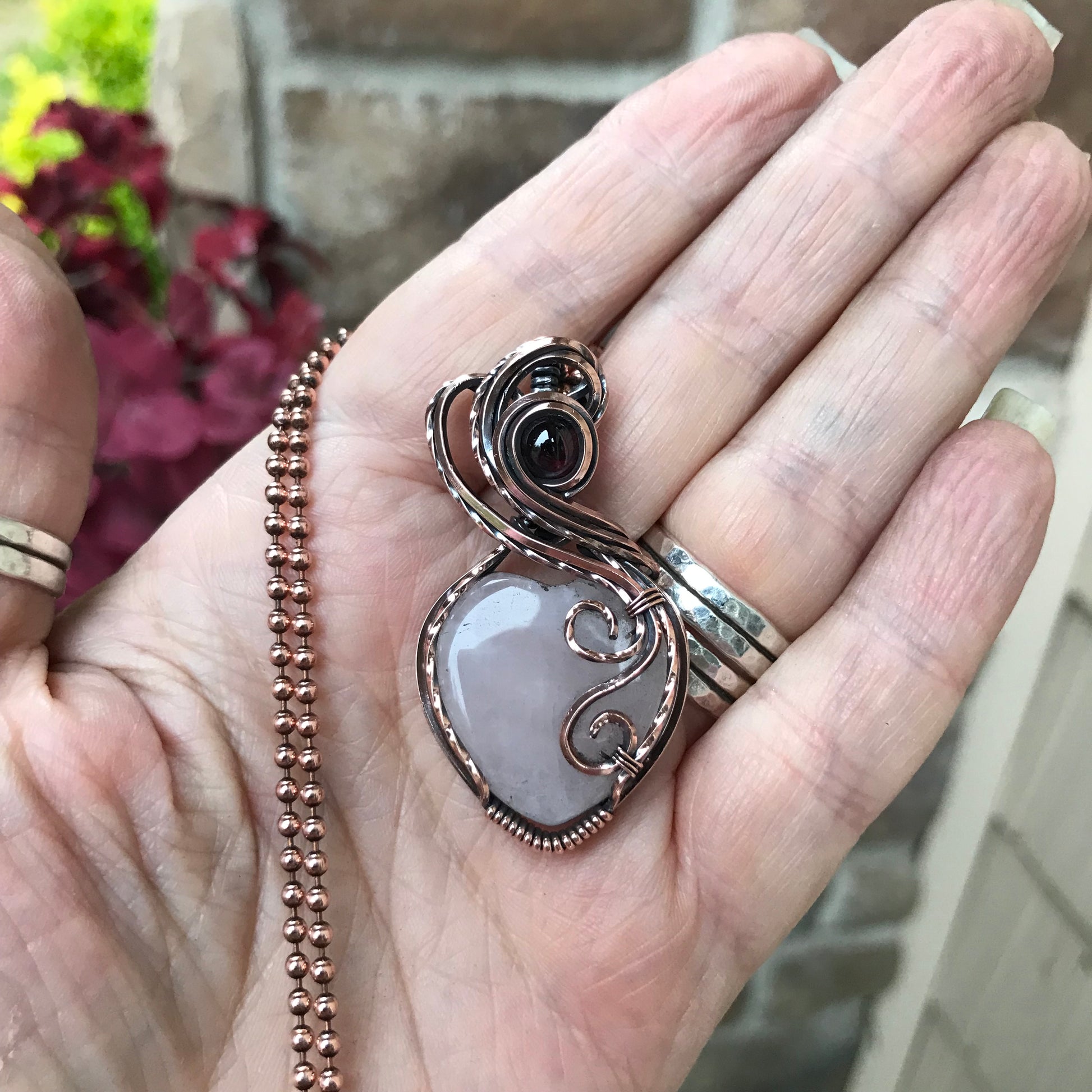 Rose Quartz & Garnet Copper Heart Necklace