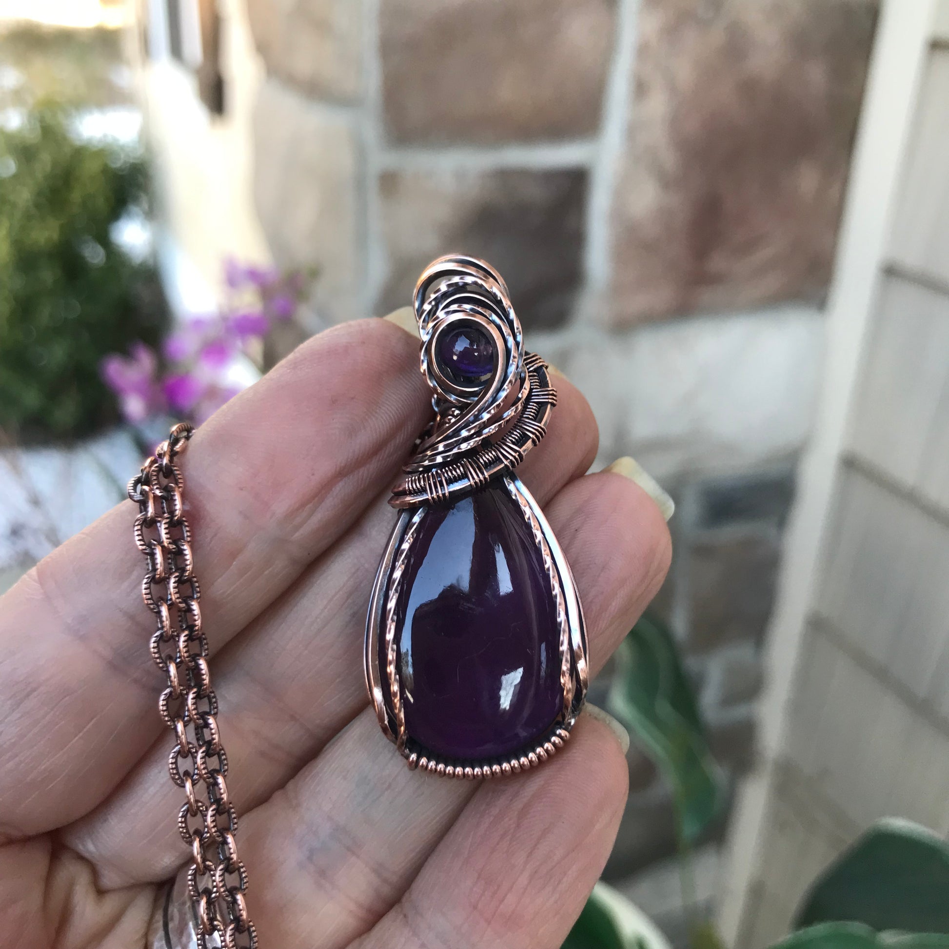 Amethyst with Amethyst Accent Teardrop Copper Pendant