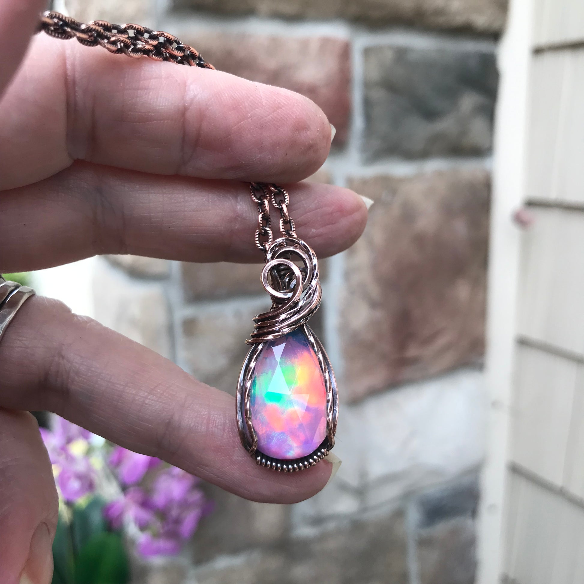 Aurora Opal Faceted Rainbow Copper Necklace