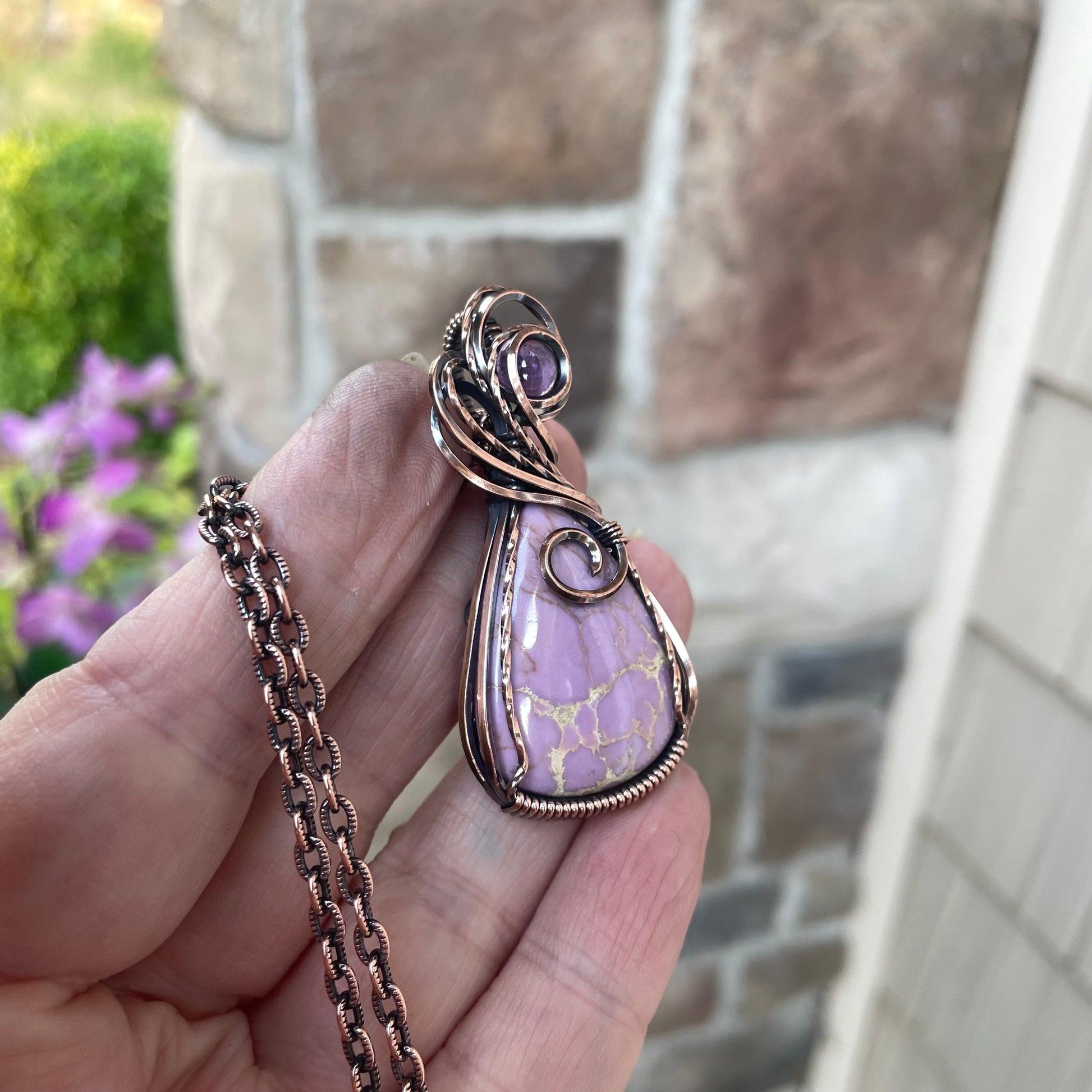 Phosphosiderite & Amethyst Swirly Copper Pendant