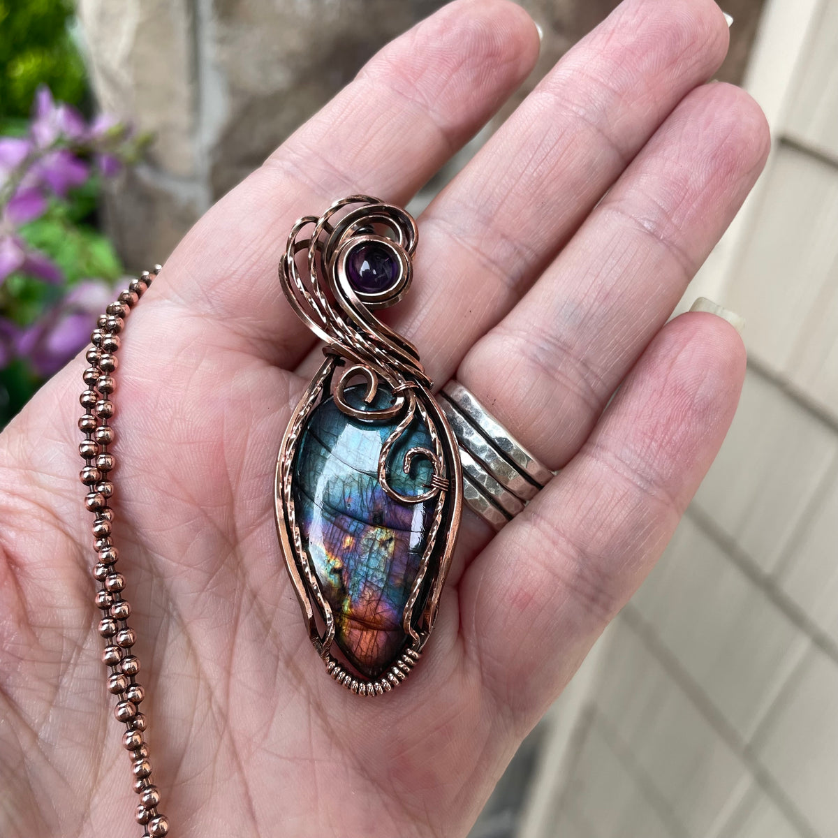 Teal Rainbow Labradorite & Amethyst Swirly Copper Pendant