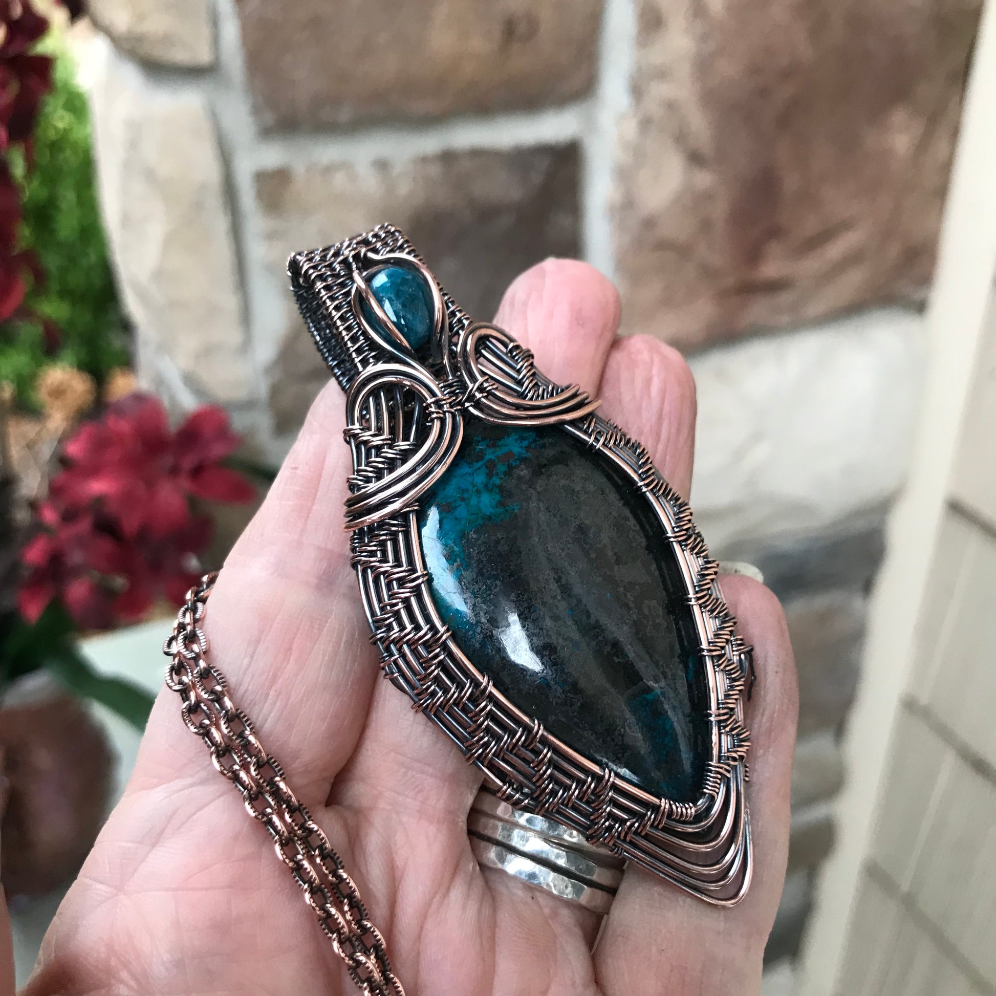 Shattuckite Tenorite with Apatite Woven Copper Pendant