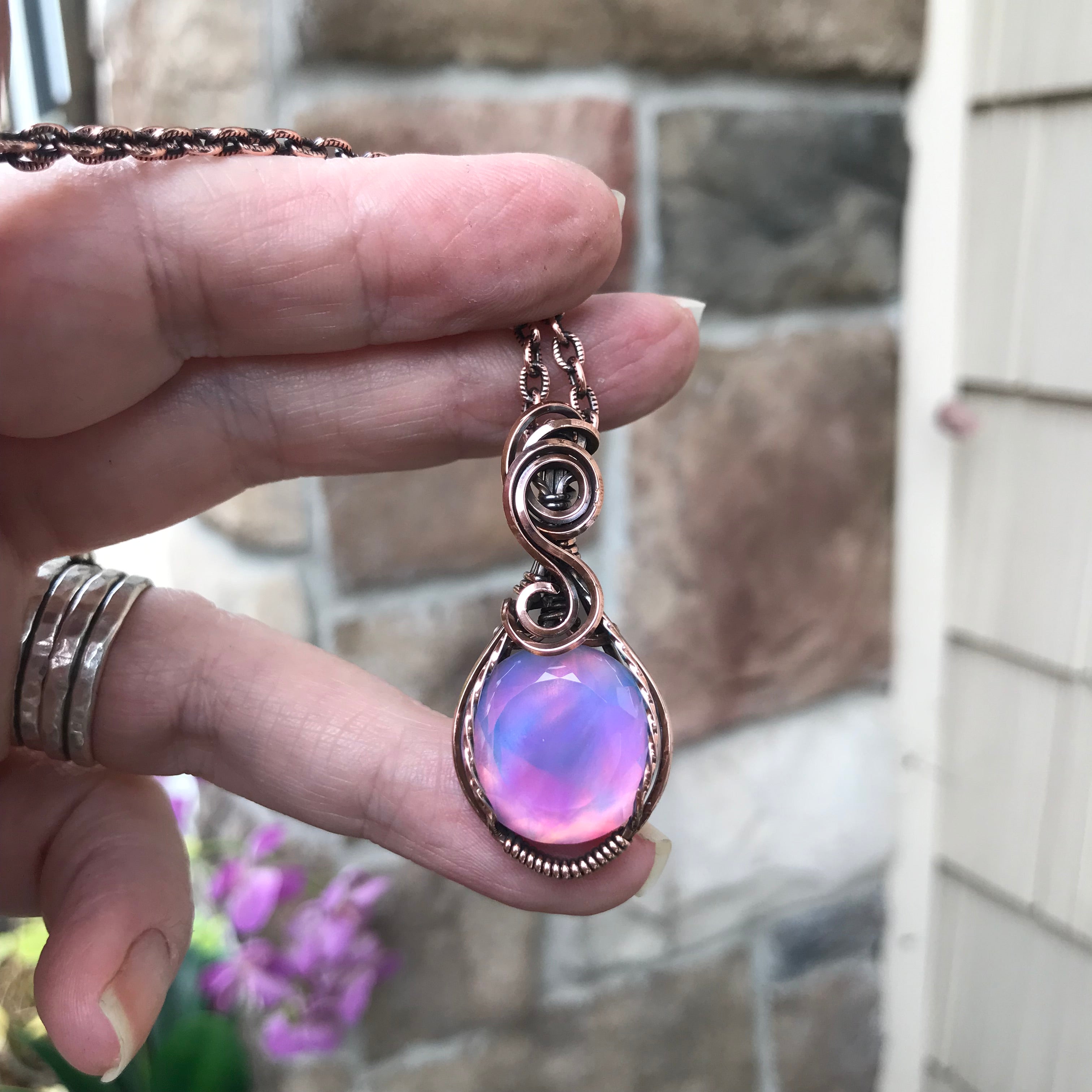 Aurora Opal Pink & Purple Round Copper Pendant