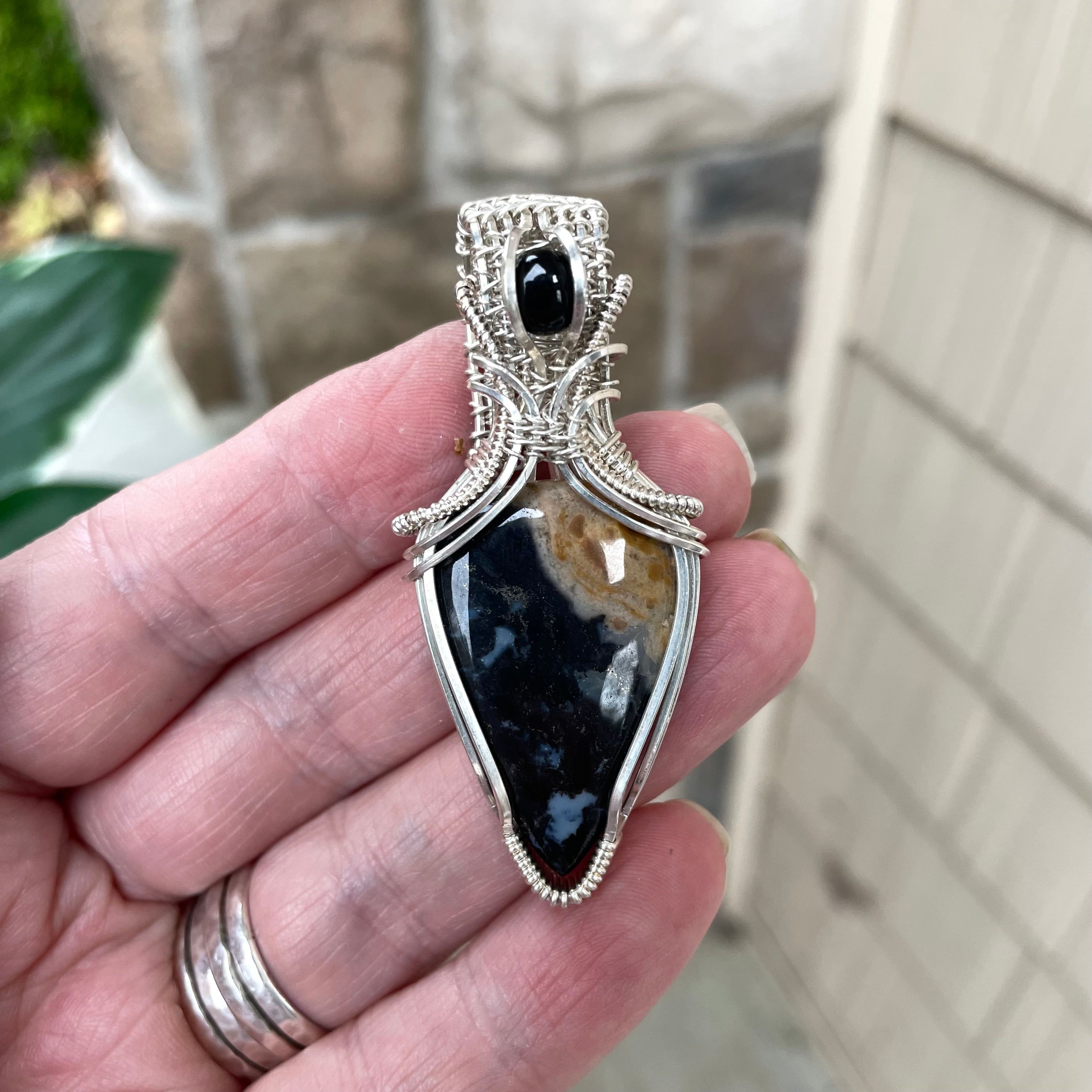 CUSTOM - Petrified Palm Root Agate & Onyx Silver Necklace