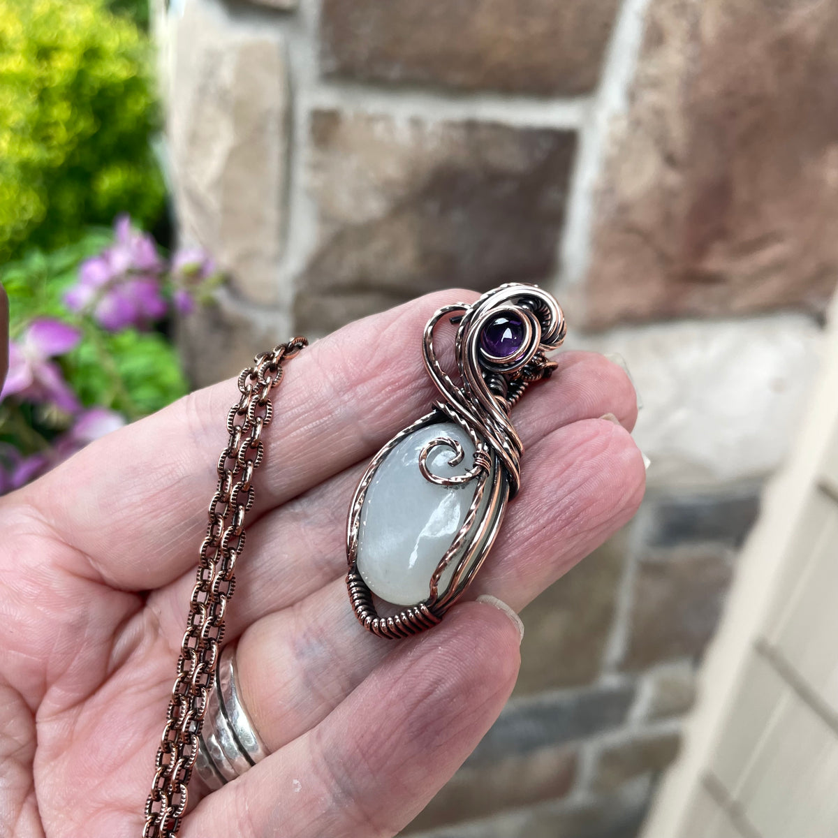 Whie Moonstone & Amethyst Copper Pendant