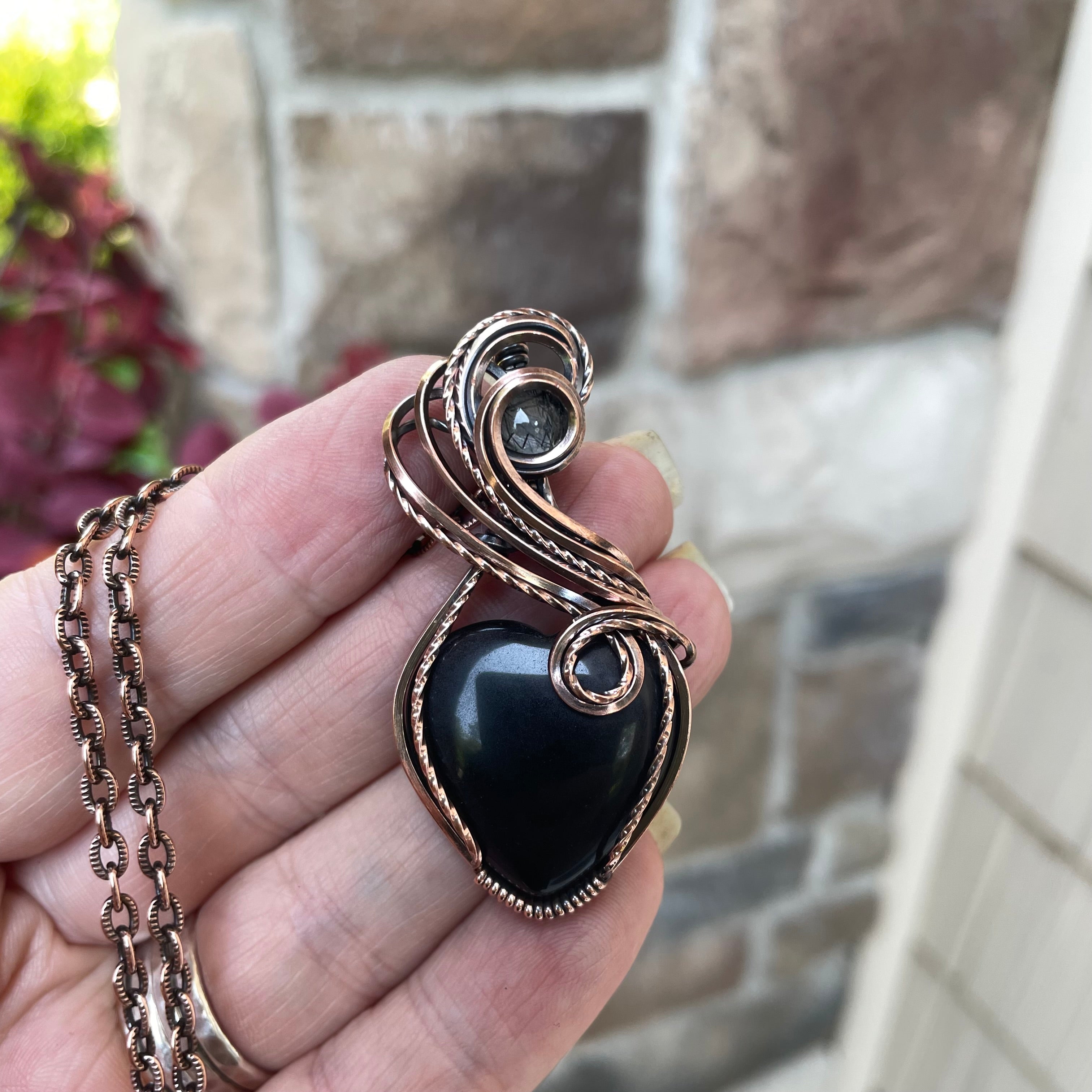 Obsidian & Rutile Quartz Heart Pendant
