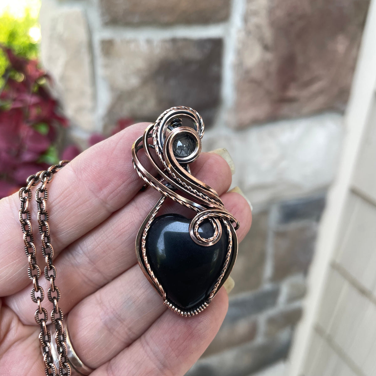 Obsidian & Rutile Quartz Heart Copper Pendant