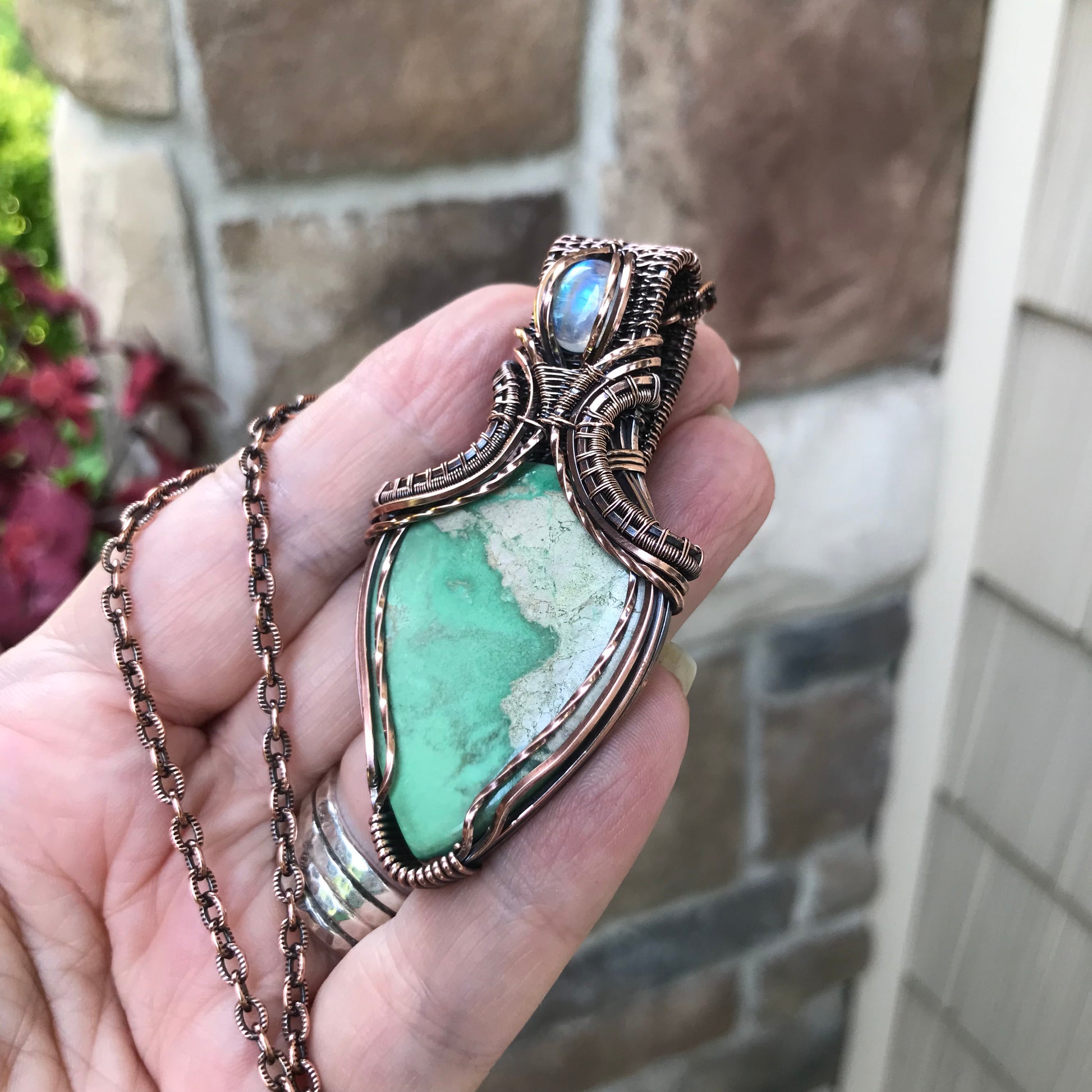 Variscite & Moonstone Copper Pendant with Weaving
