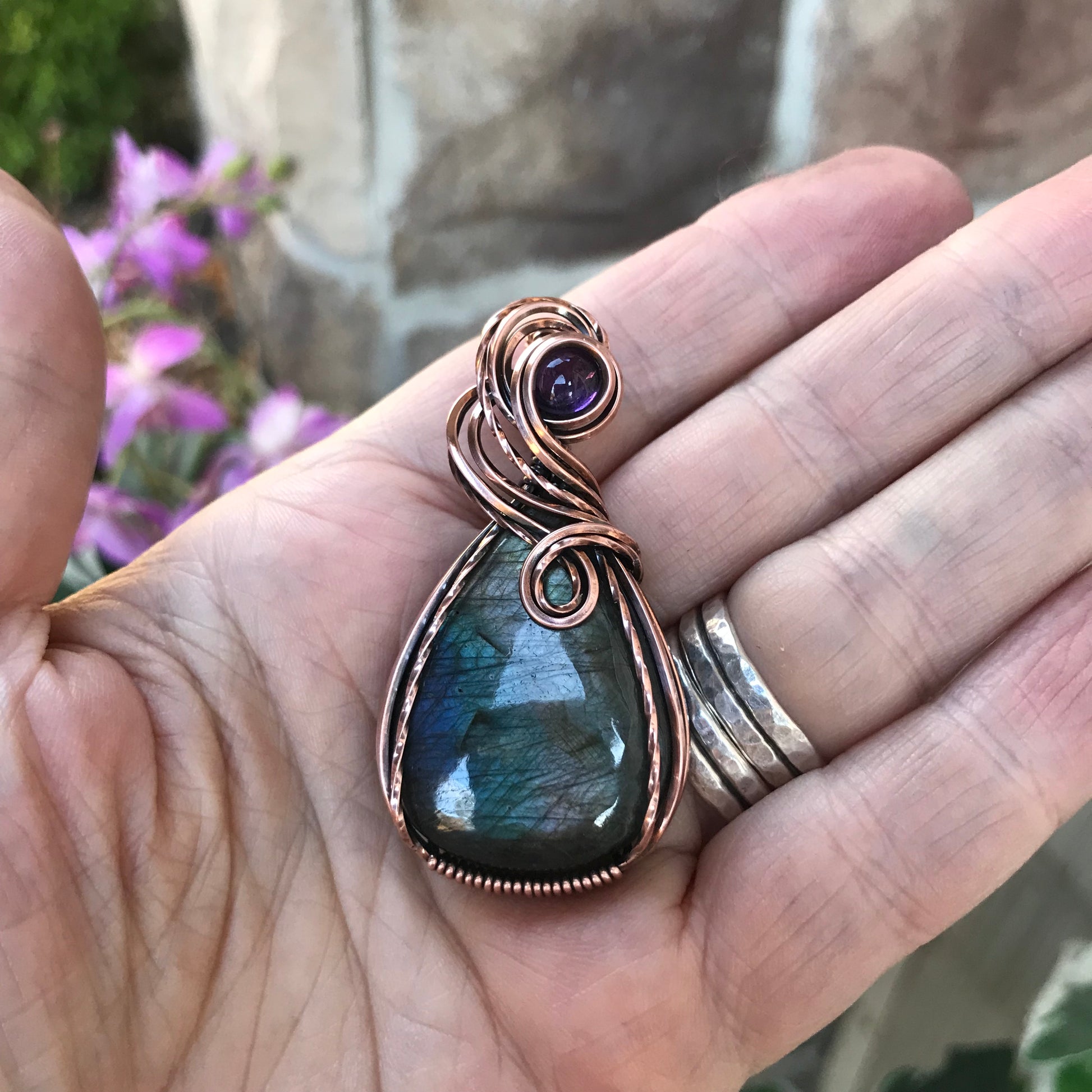 Smoky Blue Silver Labradorite & Amethyst Copper Pendant