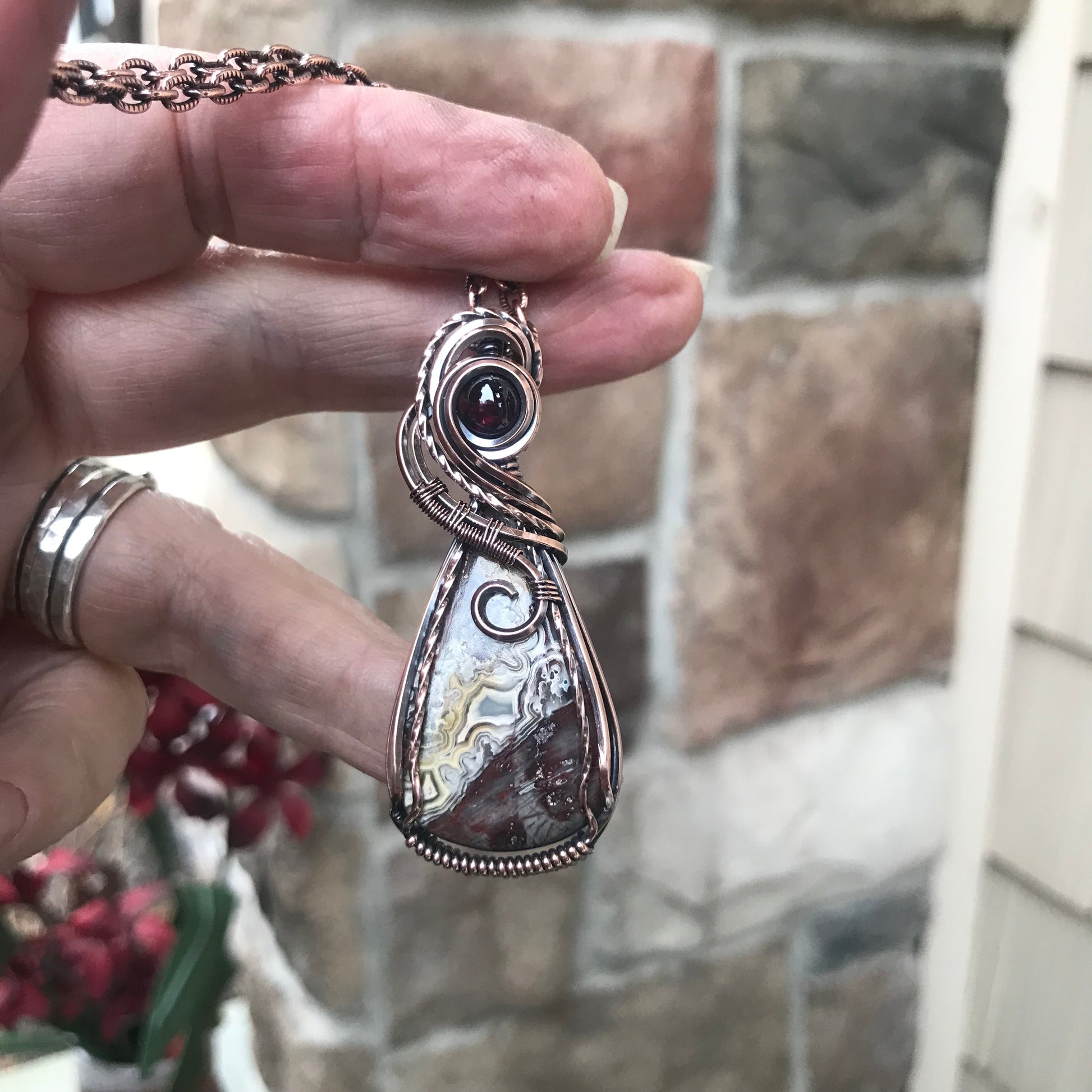 Maroon White Crazy Lace Agate & Garnet Copper Pendant