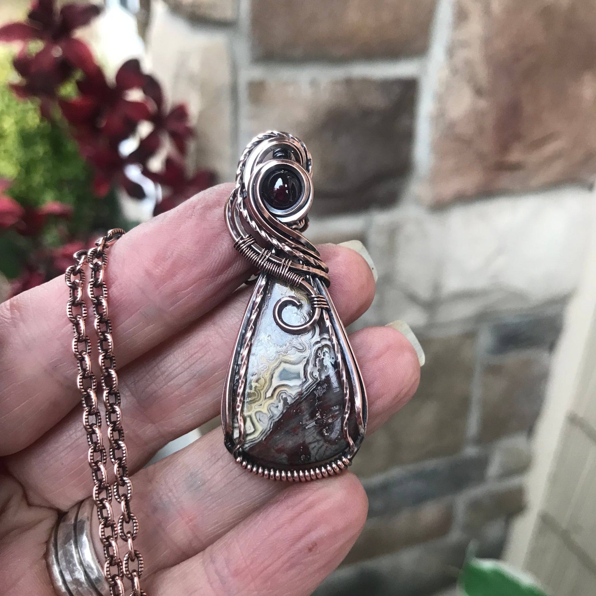 Maroon White Crazy Lace Agate & Garnet Copper Pendant