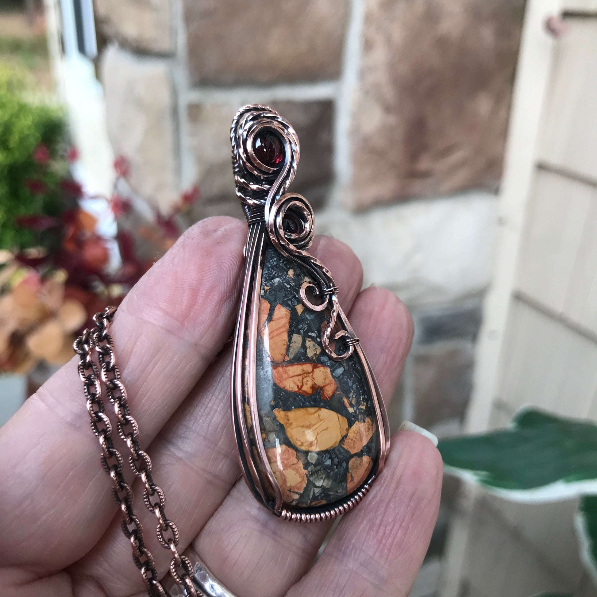 Maligano Jasper & Garnet Swirly Copper Pendant