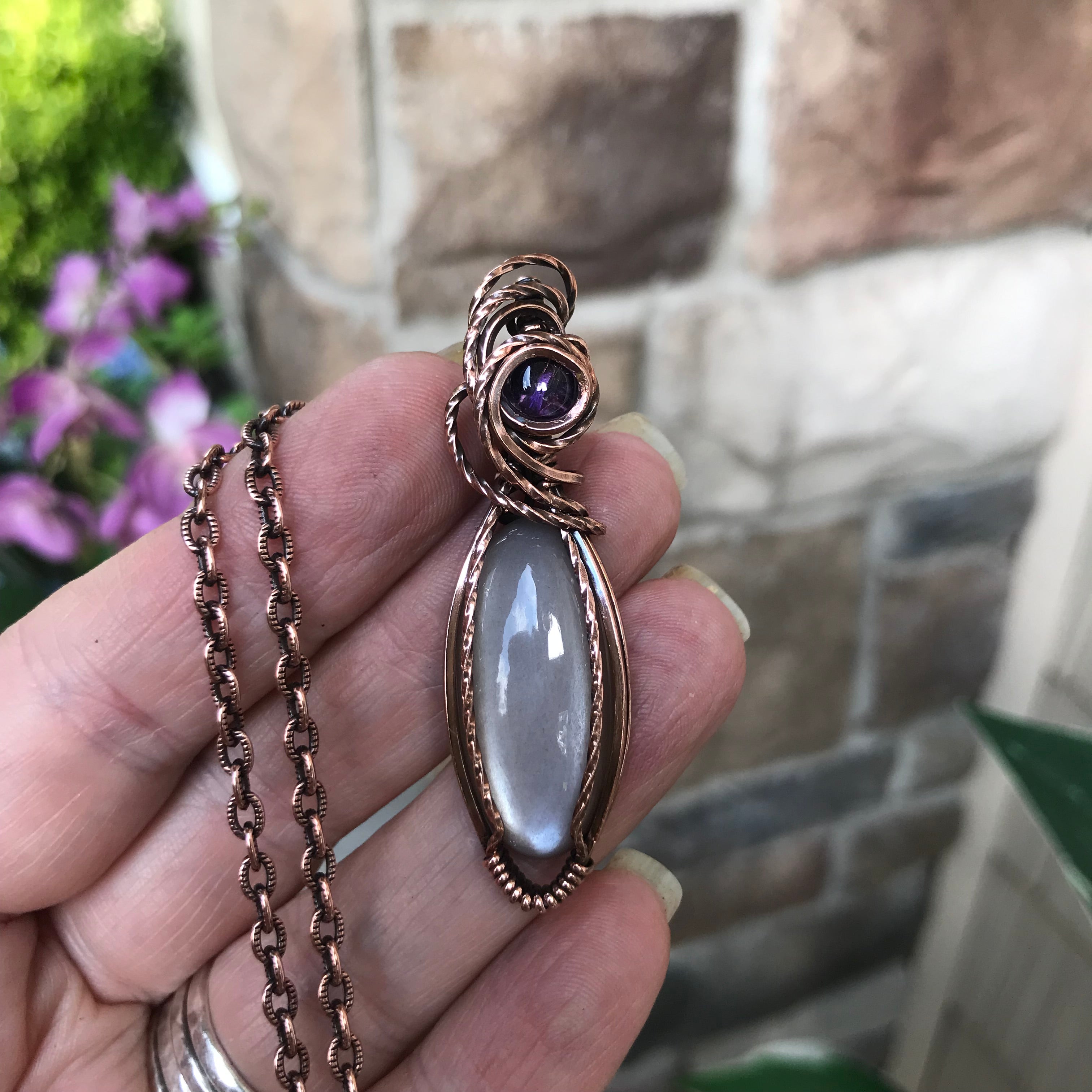 Gray Moonstone & Amethyst Slender Oval Copper Necklace