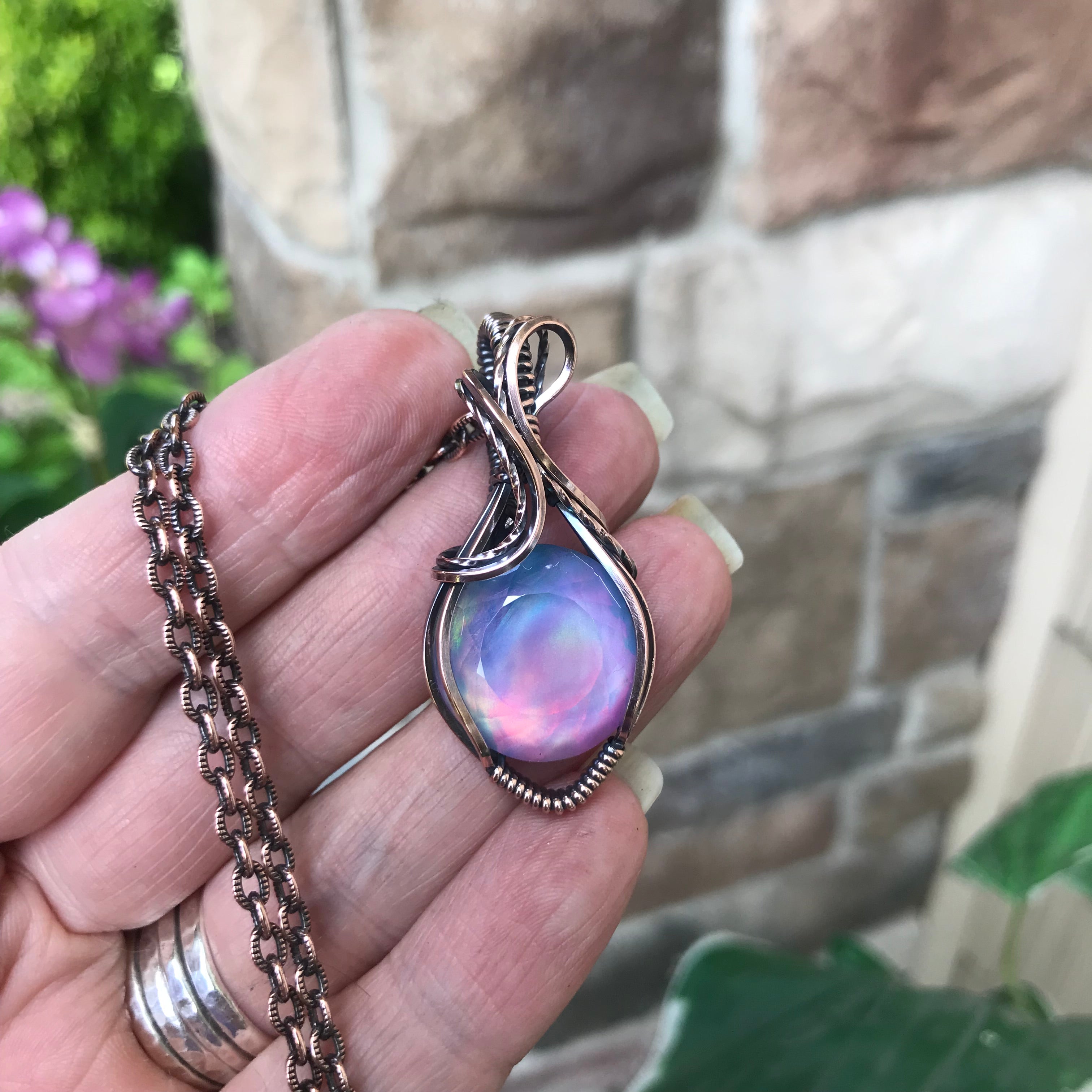 Aurora Opal Pink Purple Round Copper Pendant