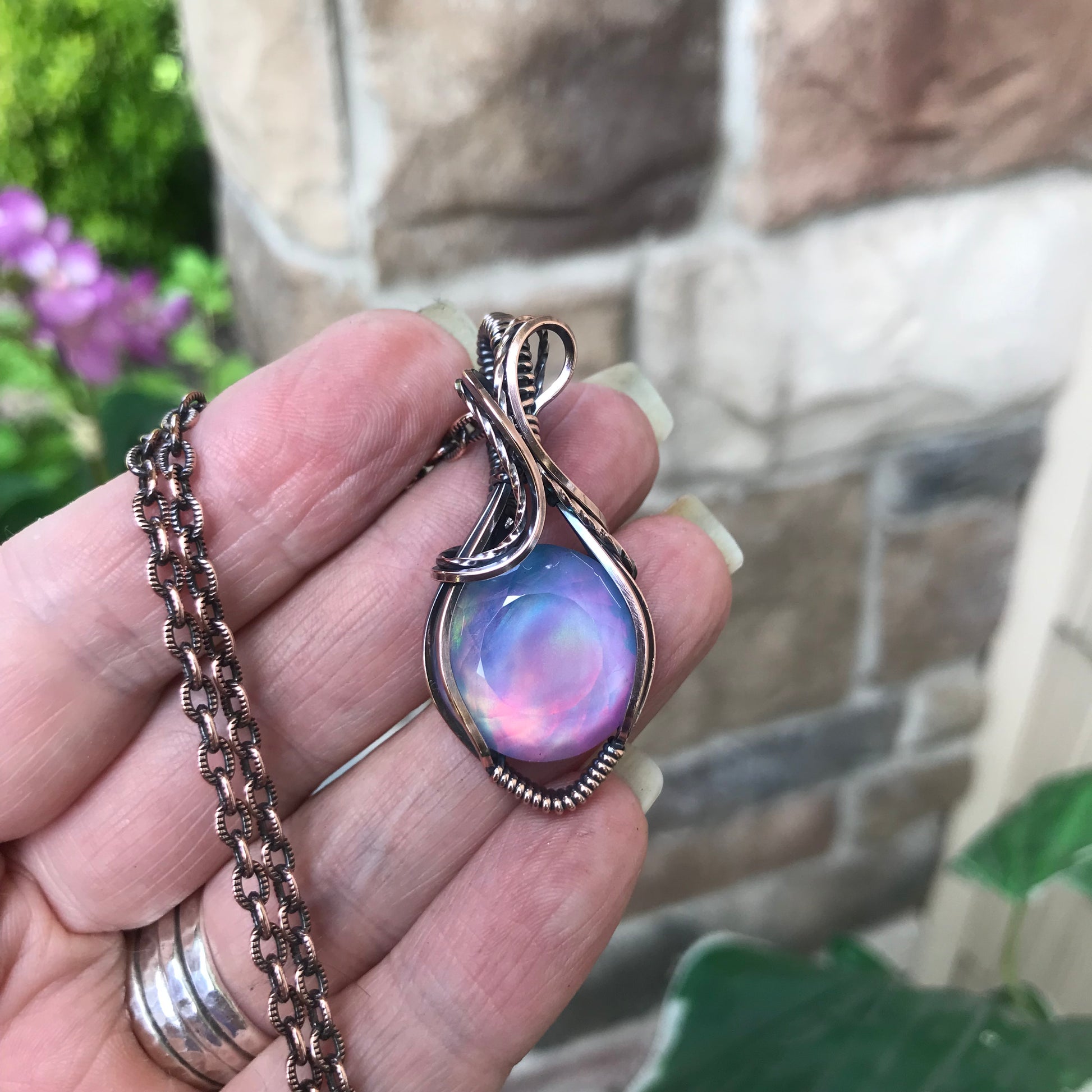 Aurora Opal Pink Purple Round Copper Pendant